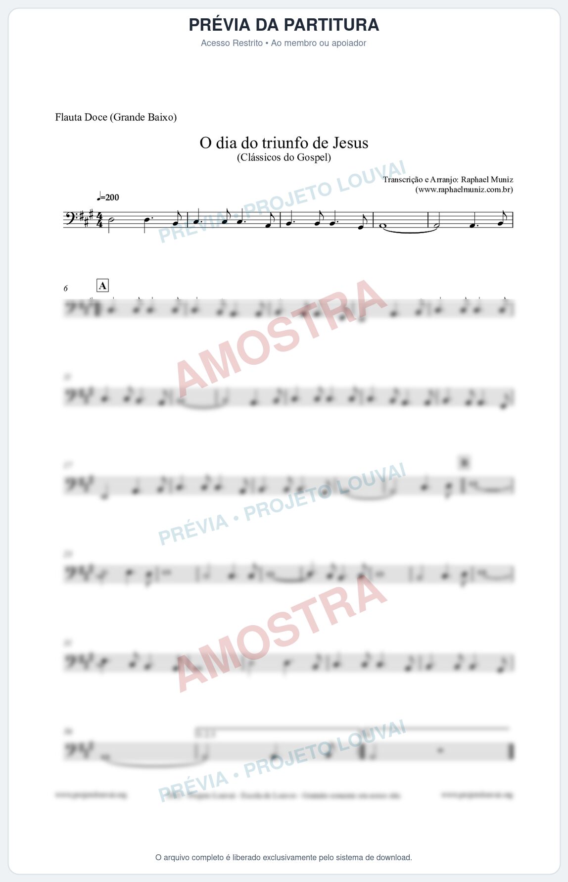 Prévia protegida da primeira página da partitura Partitura para Flauta Doce (Grande Baixo) - O dia do triunfo de Jesus - Harpa Cristã nº48 - Clássicos do Gospel