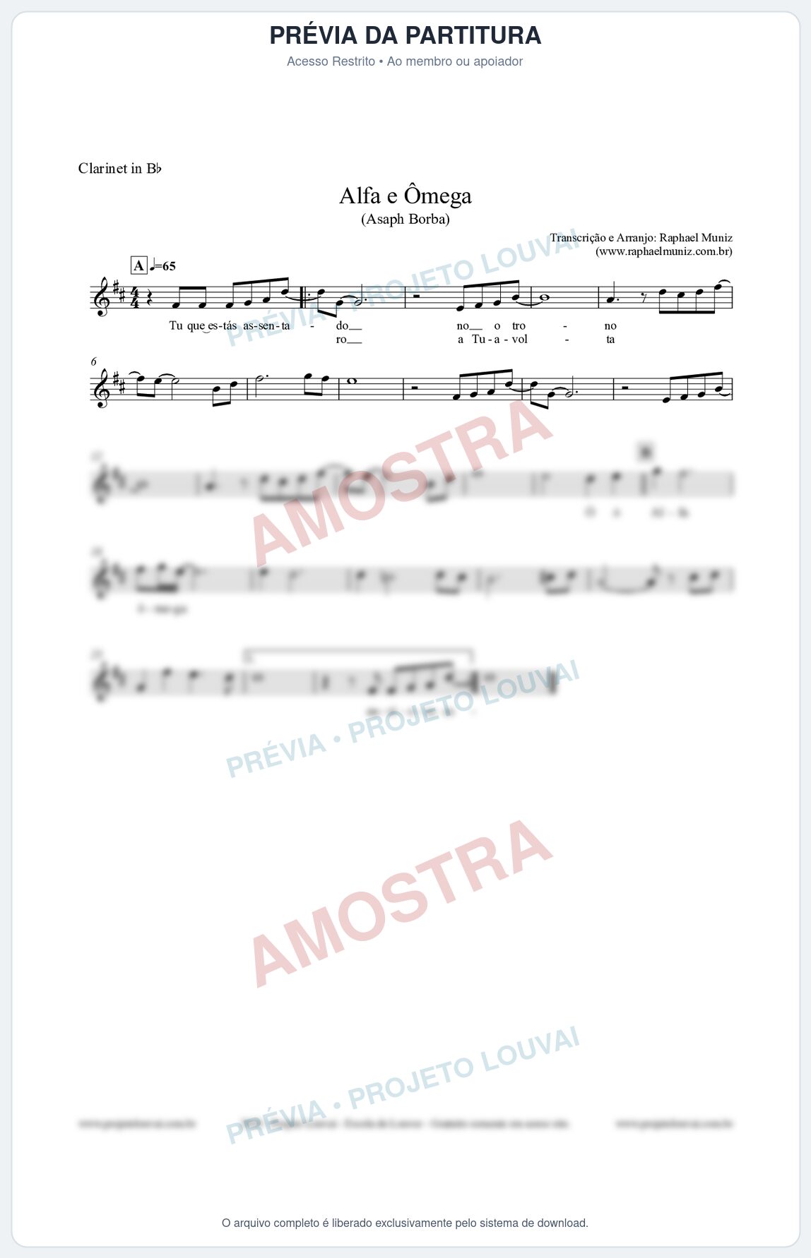 Prévia protegida da primeira página da partitura Partitura para Clarinete em Bb - Alfa e Ômega - Asaph Borba