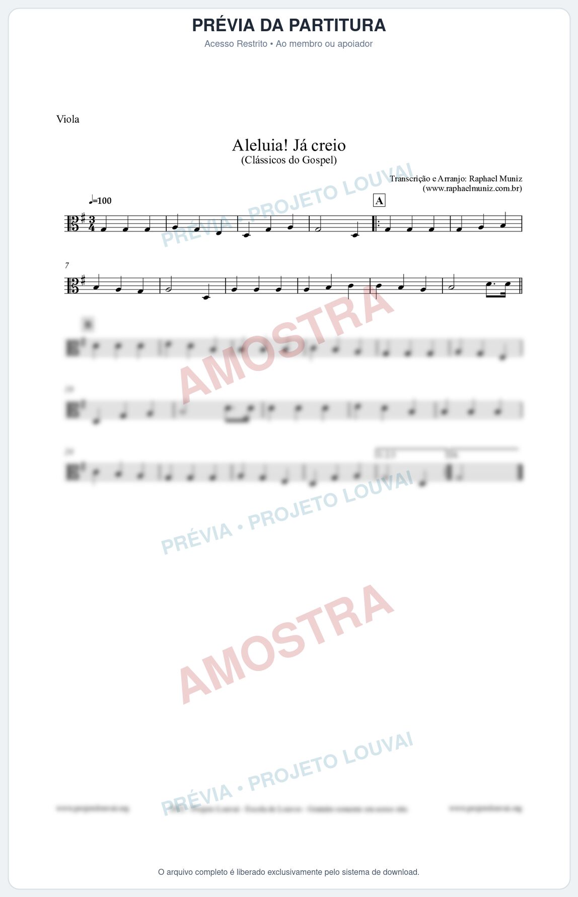 Prévia protegida da primeira página da partitura Partitura para Viola - Aleluia! Já creio - Harpa Cristã nº49 - Clássicos do Gospel