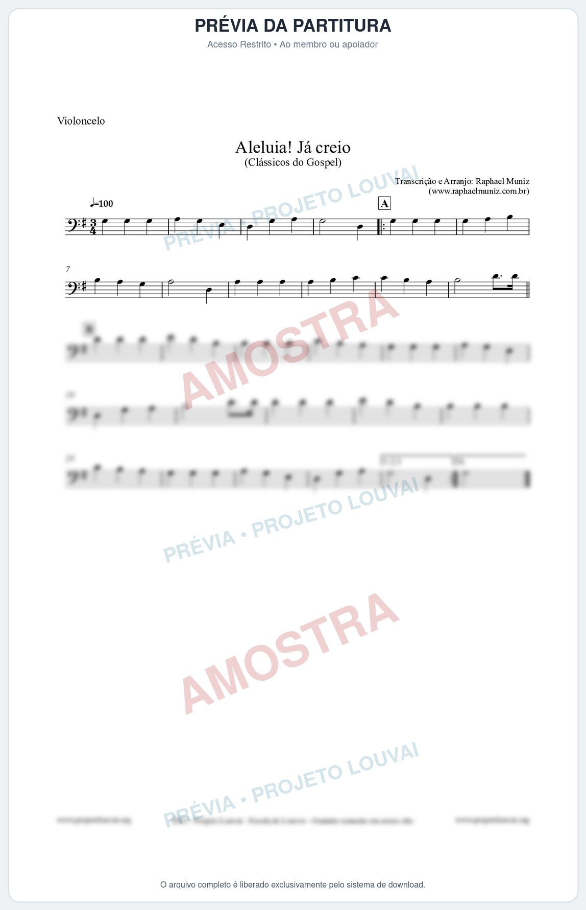 Prévia protegida da primeira página da partitura Partitura para Violoncelo - Aleluia! Já creio - Harpa Cristã nº49 - Clássicos do Gospel