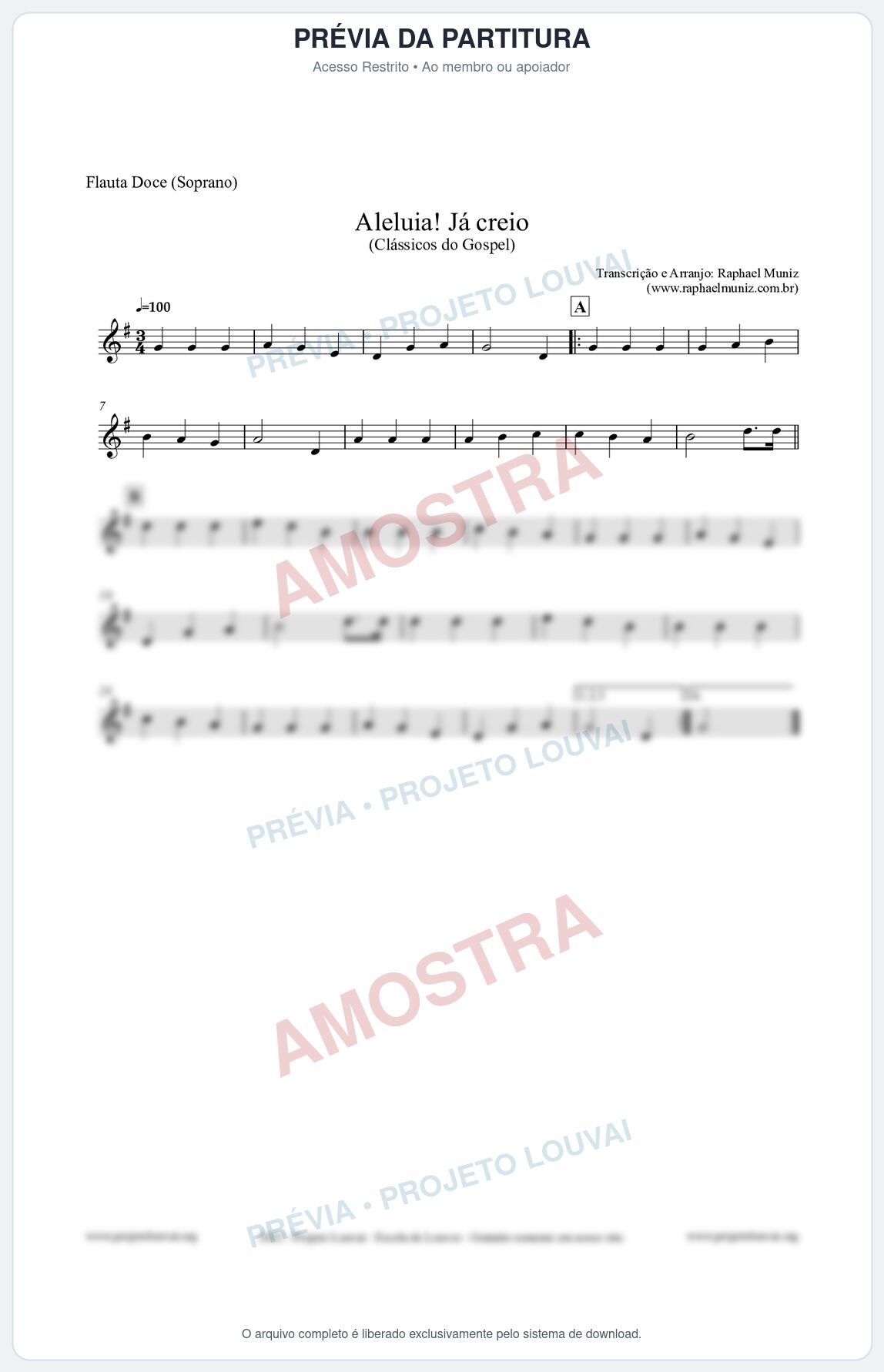 Prévia protegida da primeira página da partitura Partitura para Flauta Doce (Soprano) - Aleluia! Já creio - Harpa Cristã nº49 - Clássicos do Gospel