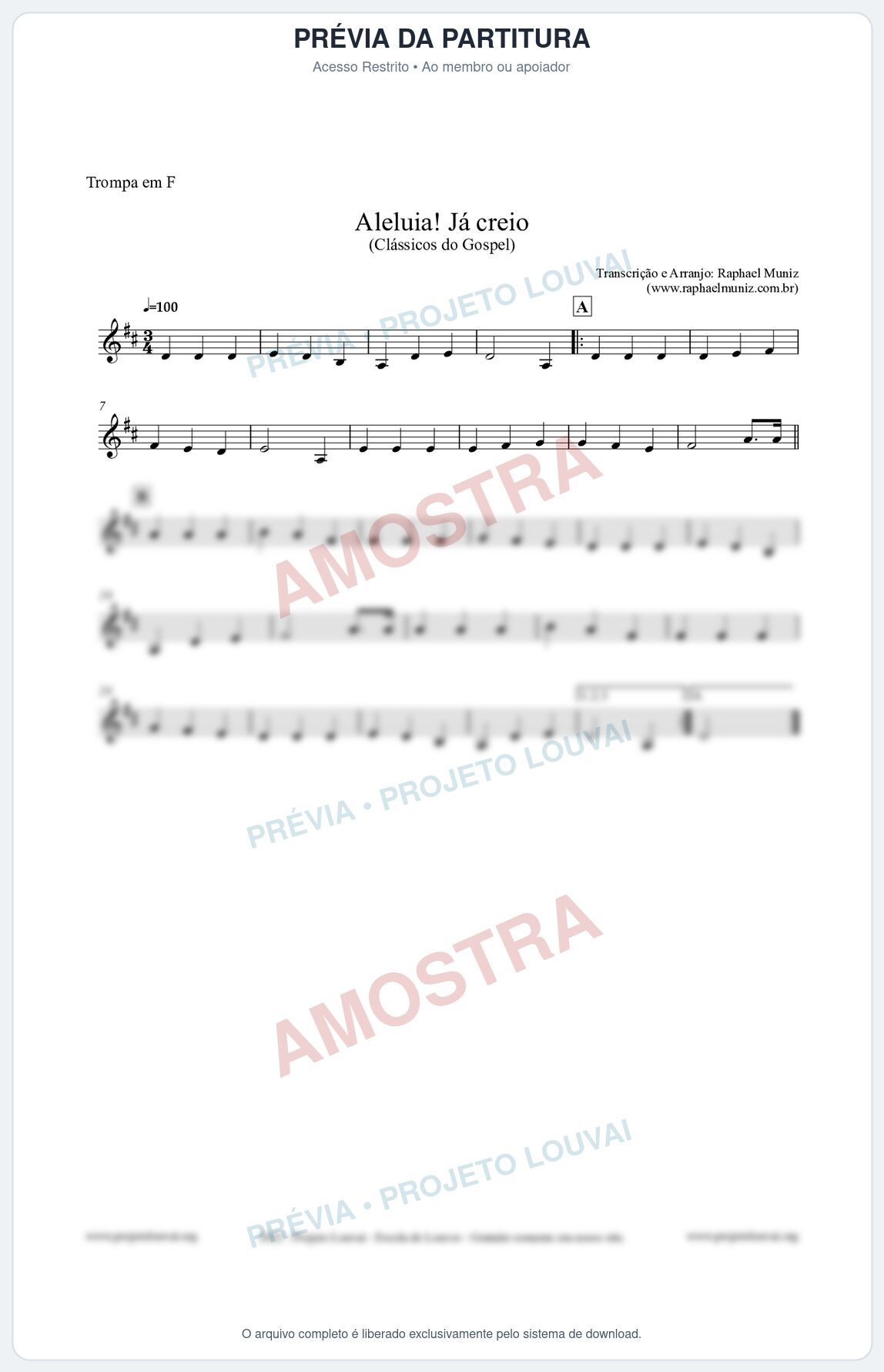 Prévia protegida da primeira página da partitura Partitura para Trompa em F - Aleluia! Já creio - Harpa Cristã nº49 - Clássicos do Gospel