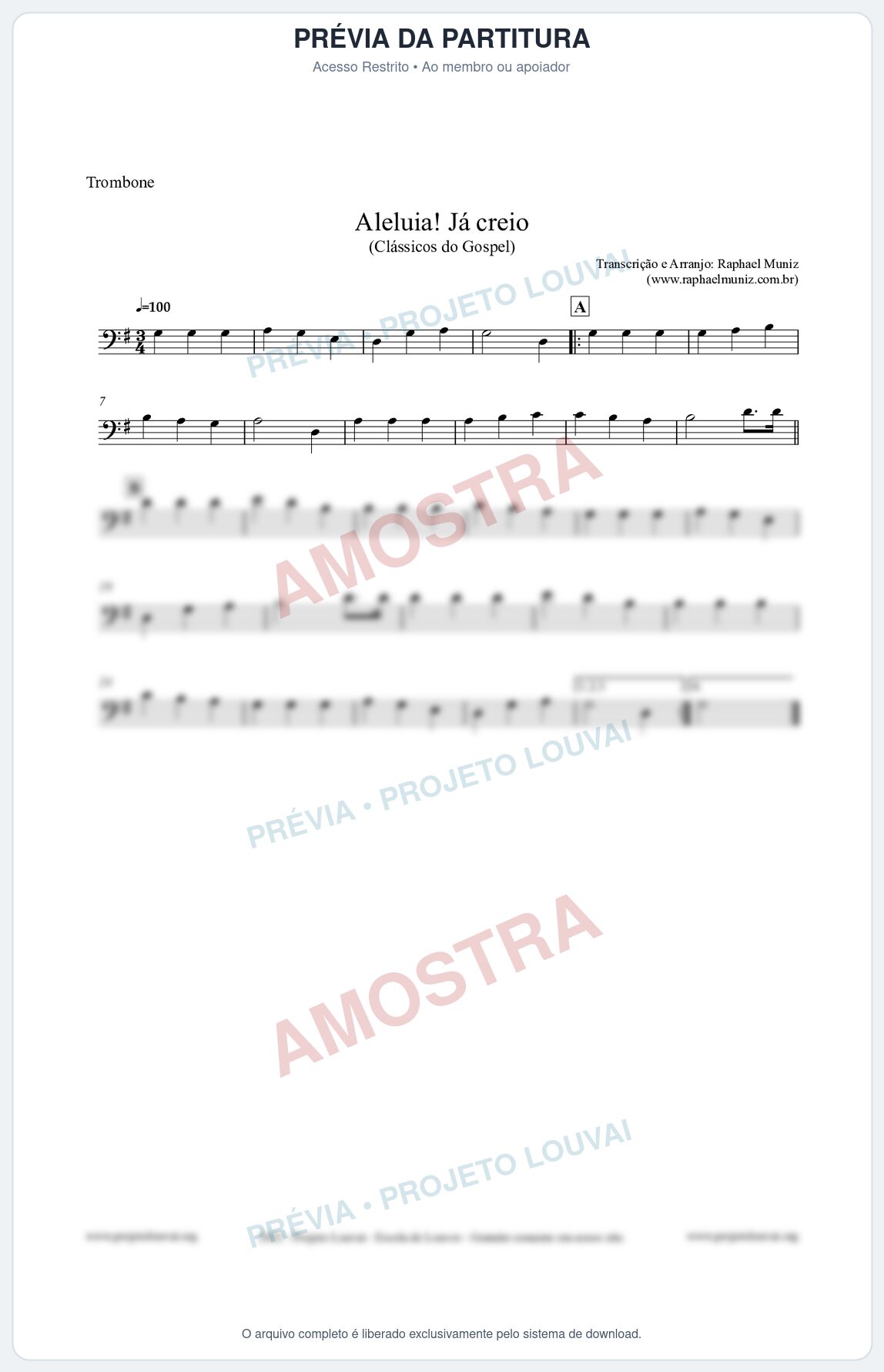 Prévia protegida da primeira página da partitura Partitura para Trombone - Aleluia! Já creio - Harpa Cristã nº49 - Clássicos do Gospel