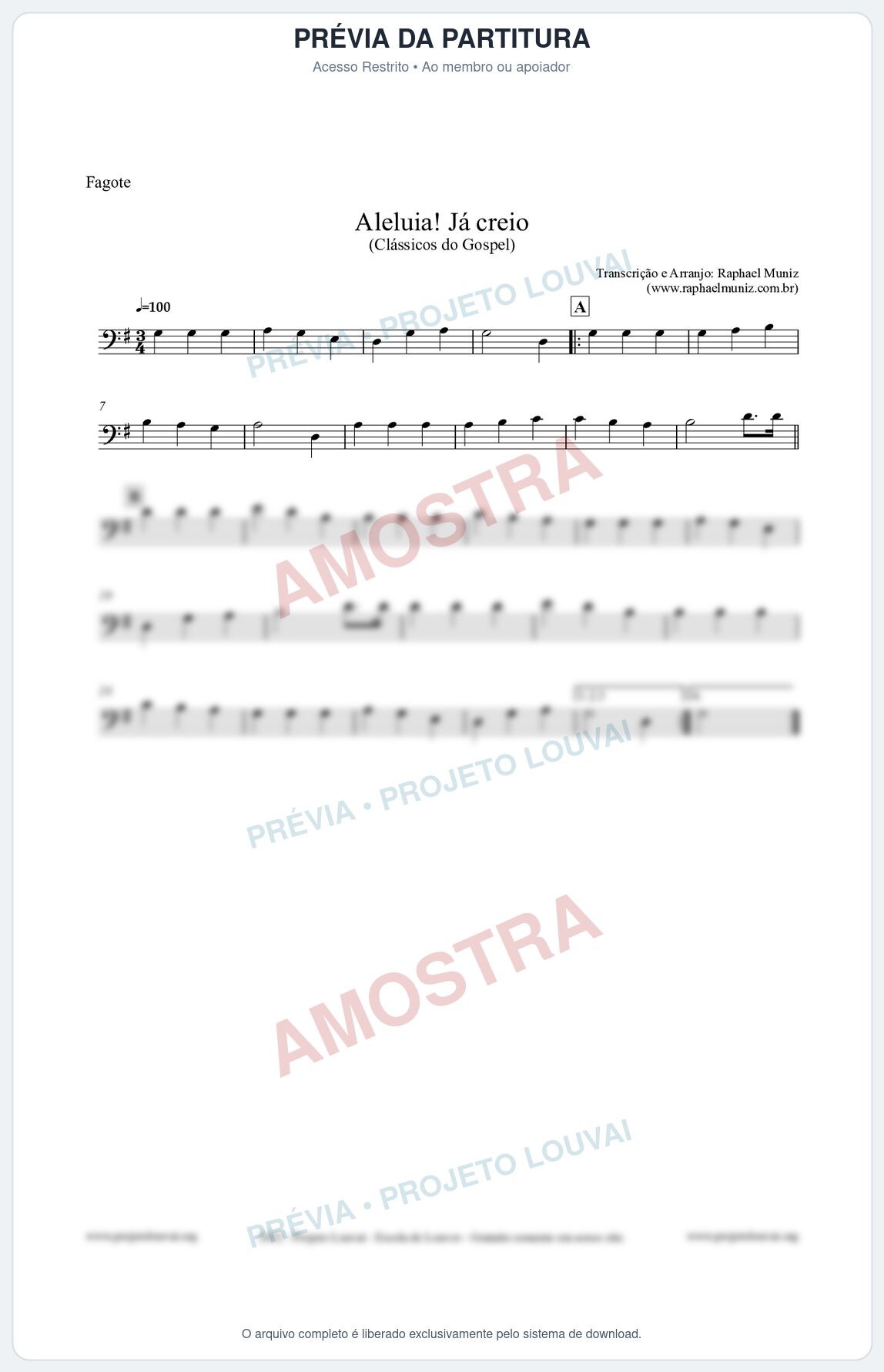 Prévia protegida da primeira página da partitura Partitura para Fagote - Aleluia! Já creio - Harpa Cristã nº49 - Clássicos do Gospel