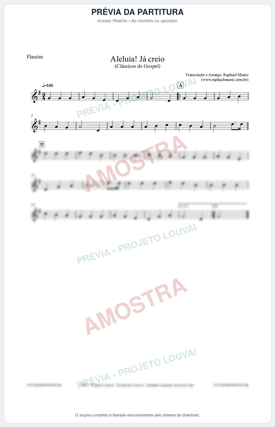 Prévia protegida da primeira página da partitura Partitura para Flautim - Aleluia! Já creio - Harpa Cristã nº49 - Clássicos do Gospel