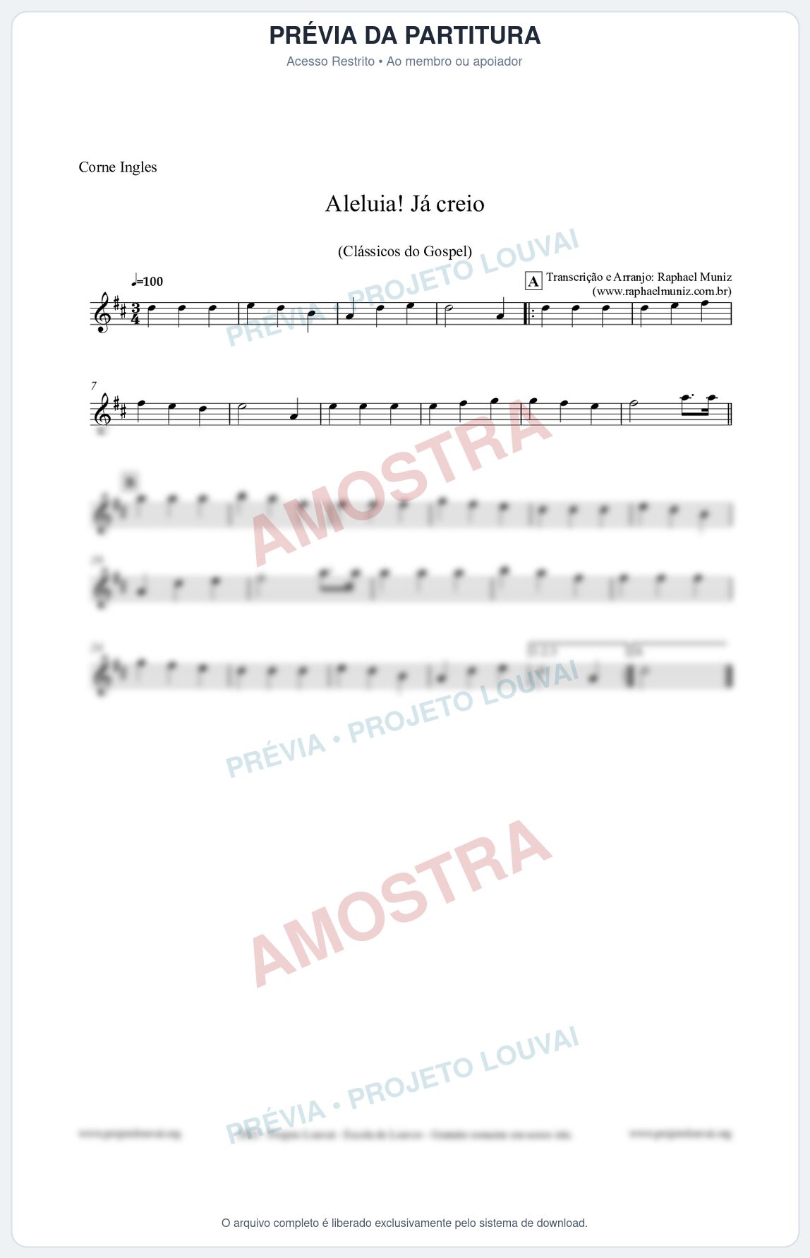 Prévia protegida da primeira página da partitura Partitura para Corne Inglês - Aleluia! Já creio - Harpa Cristã nº49 - Clássicos do Gospel