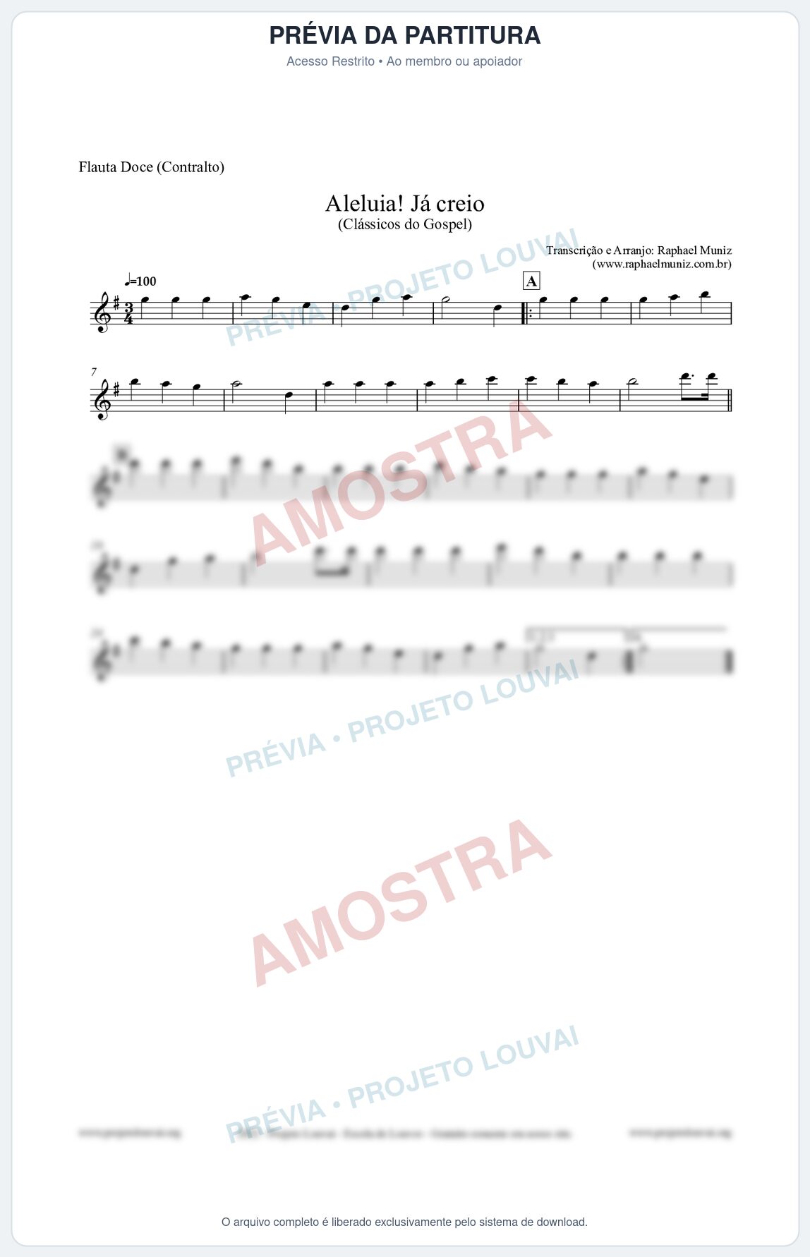 Prévia protegida da primeira página da partitura Partitura para Flauta Doce (Contralto) - Aleluia! Já creio - Harpa Cristã nº49 - Clássicos do Gospel