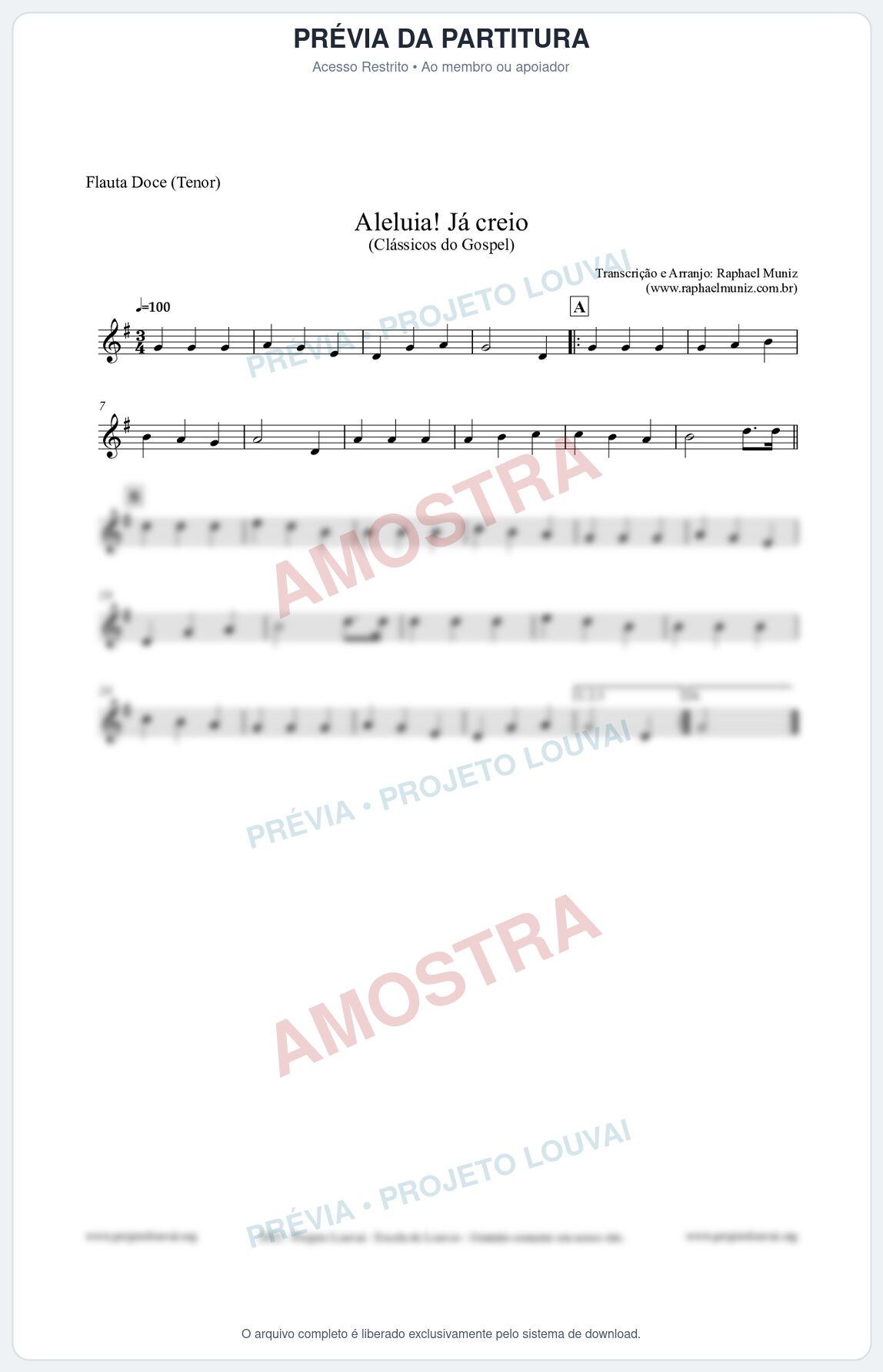 Prévia protegida da primeira página da partitura Partitura para Flauta Doce (Tenor) - Aleluia! Já creio - Harpa Cristã nº49 - Clássicos do Gospel