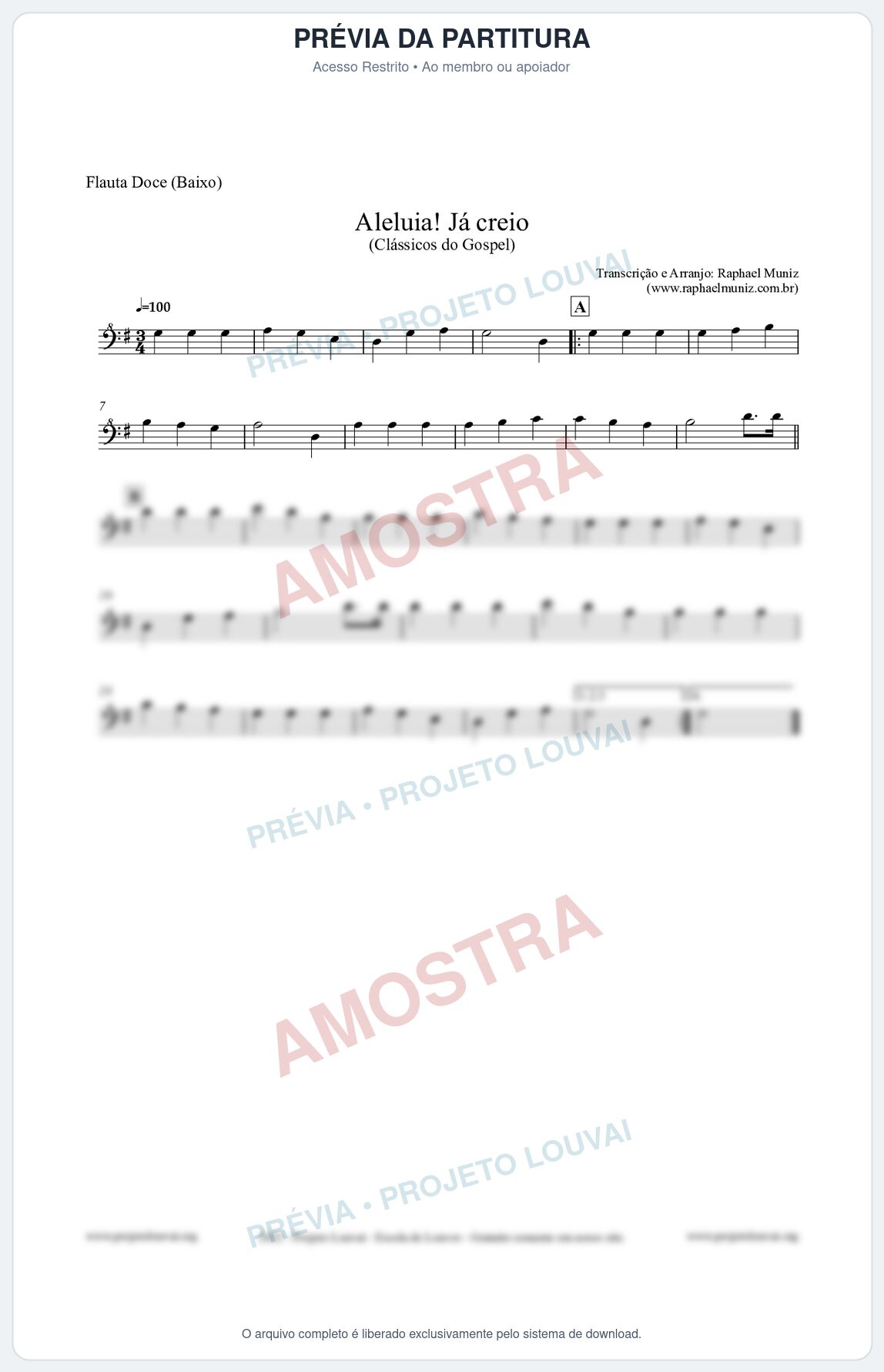 Prévia protegida da primeira página da partitura Partitura para Flauta Doce (Baixo) - Aleluia! Já creio - Harpa Cristã nº49 - Clássicos do Gospel