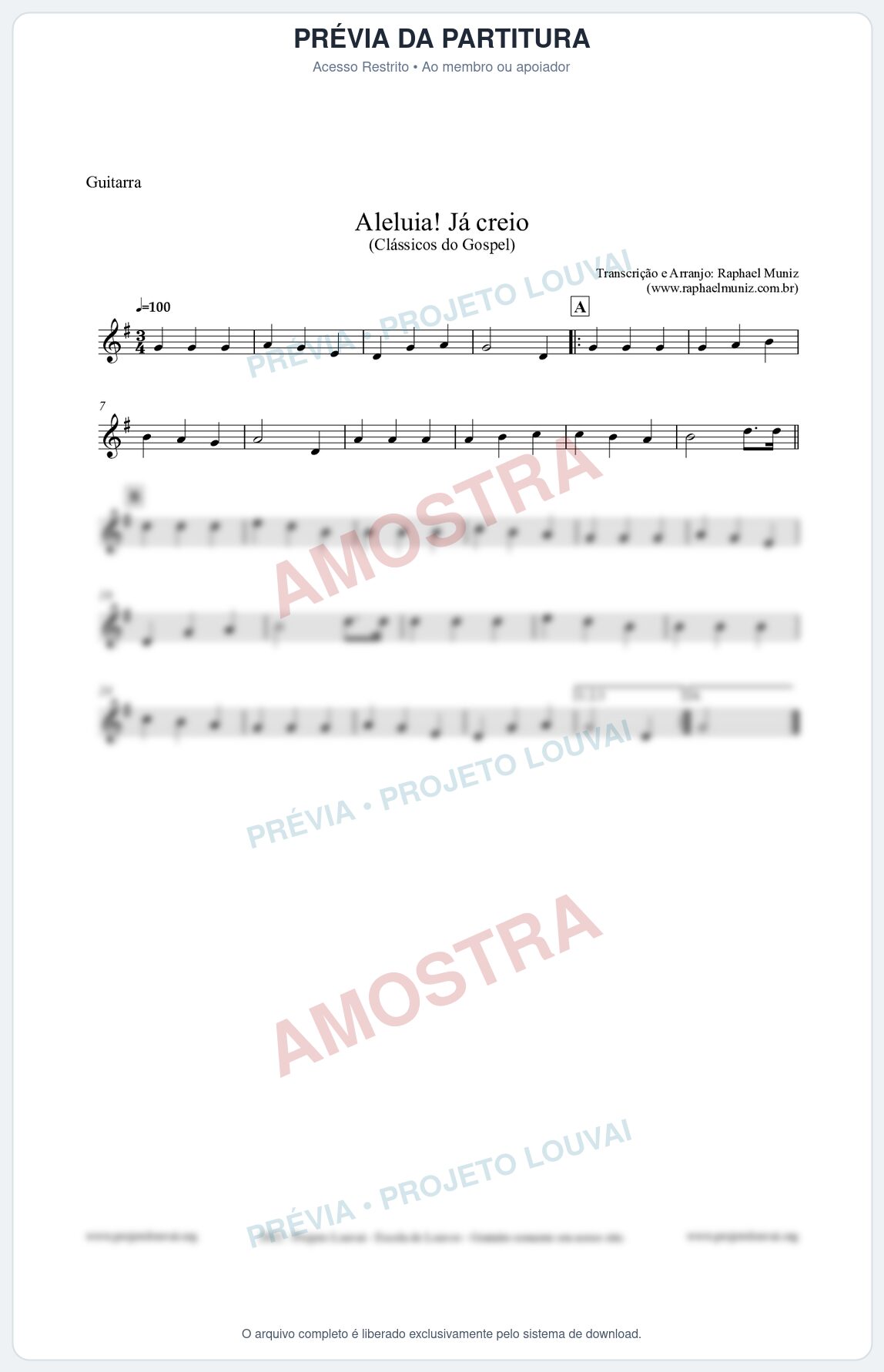 Prévia protegida da primeira página da partitura Partitura para Guitarra - Aleluia! Já creio - Harpa Cristã nº49 - Clássicos do Gospel