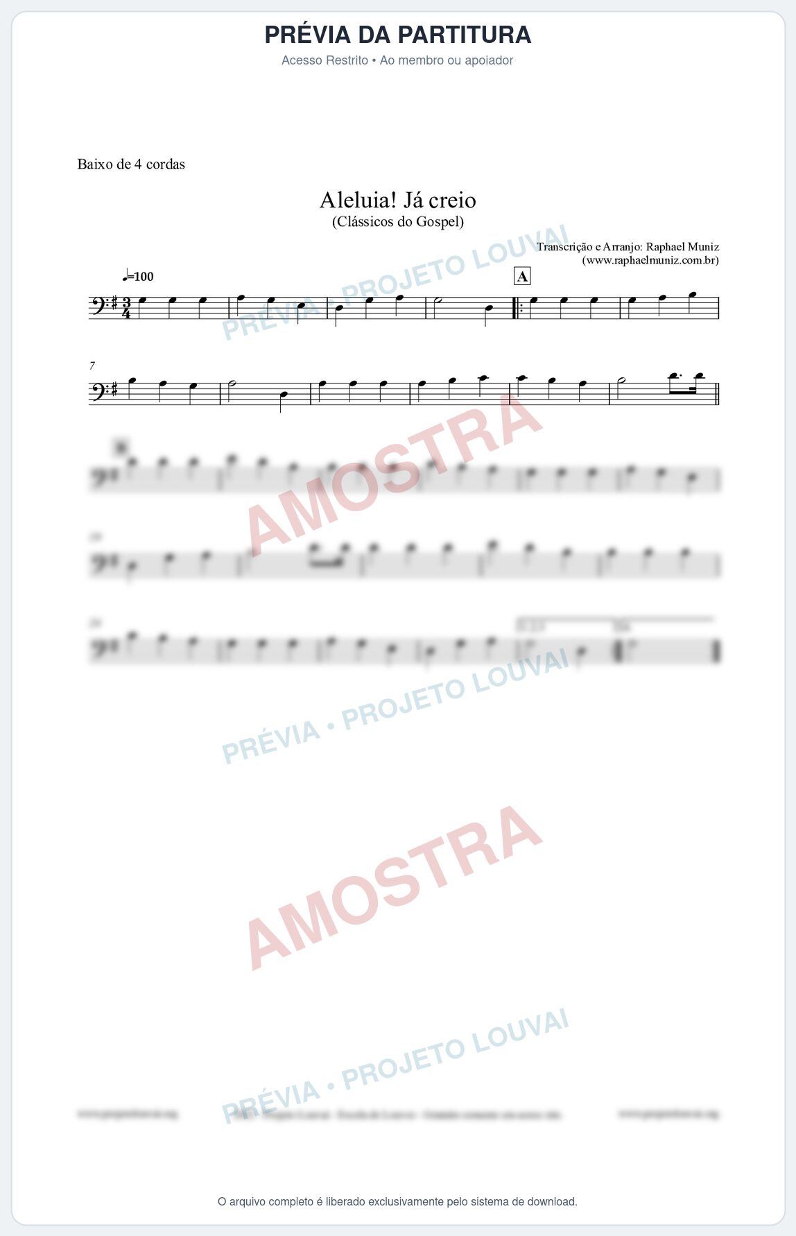 Prévia protegida da primeira página da partitura Partitura para Baixo de 4 cordas - Aleluia! Já creio - Harpa Cristã nº49 - Clássicos do Gospel