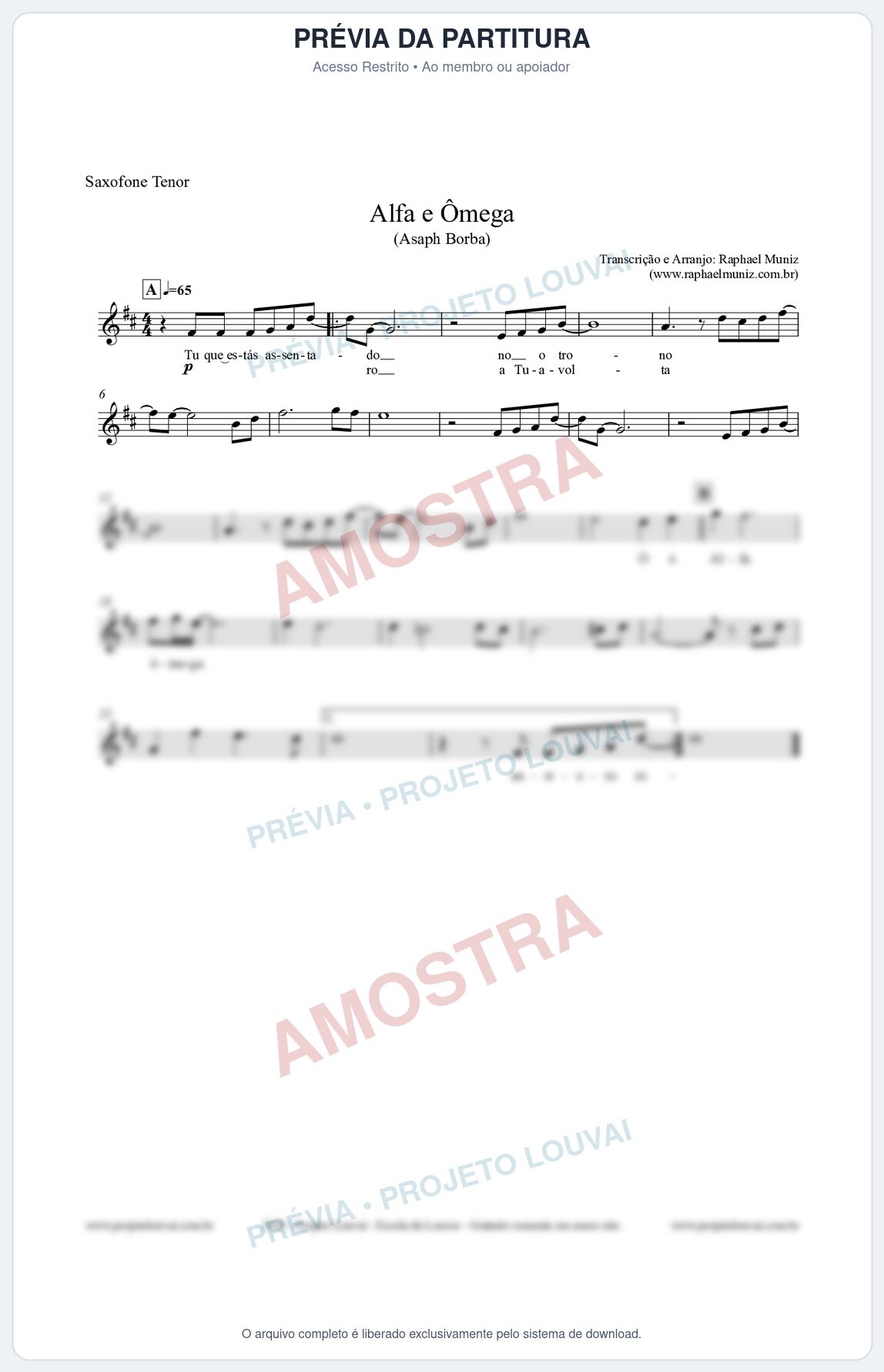 Prévia protegida da primeira página da partitura Partitura para Saxofone Tenor - Alfa e Ômega - Asaph Borba