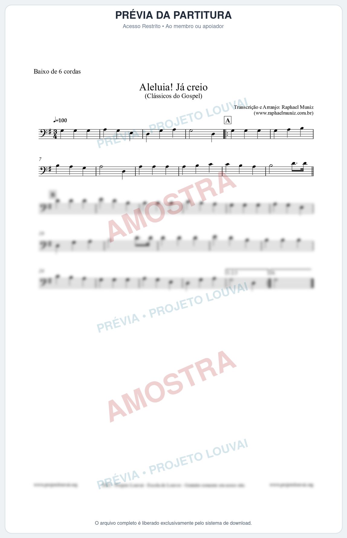 Prévia protegida da primeira página da partitura Partitura para Baixo de 6 cordas - Aleluia! Já creio - Harpa Cristã nº49 - Clássicos do Gospel