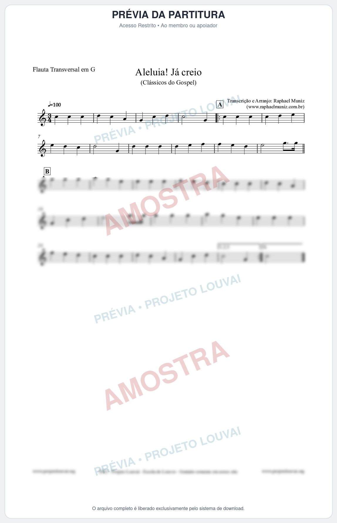 Prévia protegida da primeira página da partitura Partitura para Flauta Transversal em G - Aleluia! Já creio - Harpa Cristã nº49 - Clássicos do Gospel