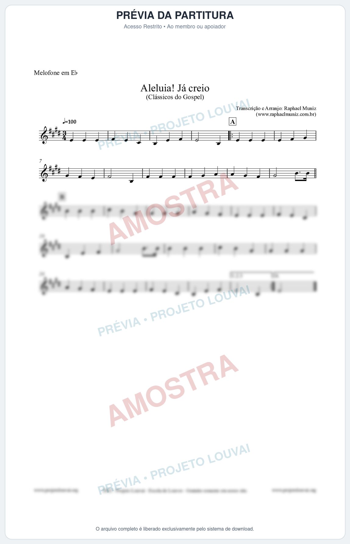 Prévia protegida da primeira página da partitura Partitura para Melofone em Eb - Aleluia! Já creio - Harpa Cristã nº49 - Clássicos do Gospel