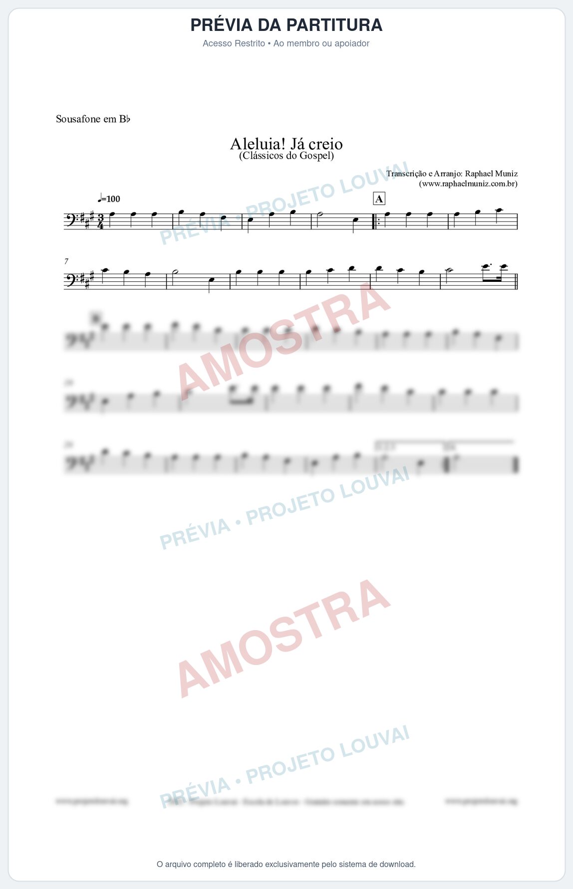 Prévia protegida da primeira página da partitura Partitura para Sousafone em Bb - Aleluia! Já creio - Harpa Cristã nº49 - Clássicos do Gospel