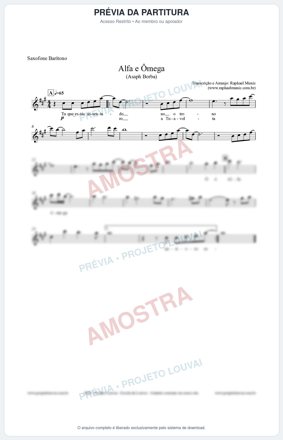 Prévia protegida da primeira página da partitura Partitura para Saxofone Barítono - Alfa e Ômega - Asaph Borba