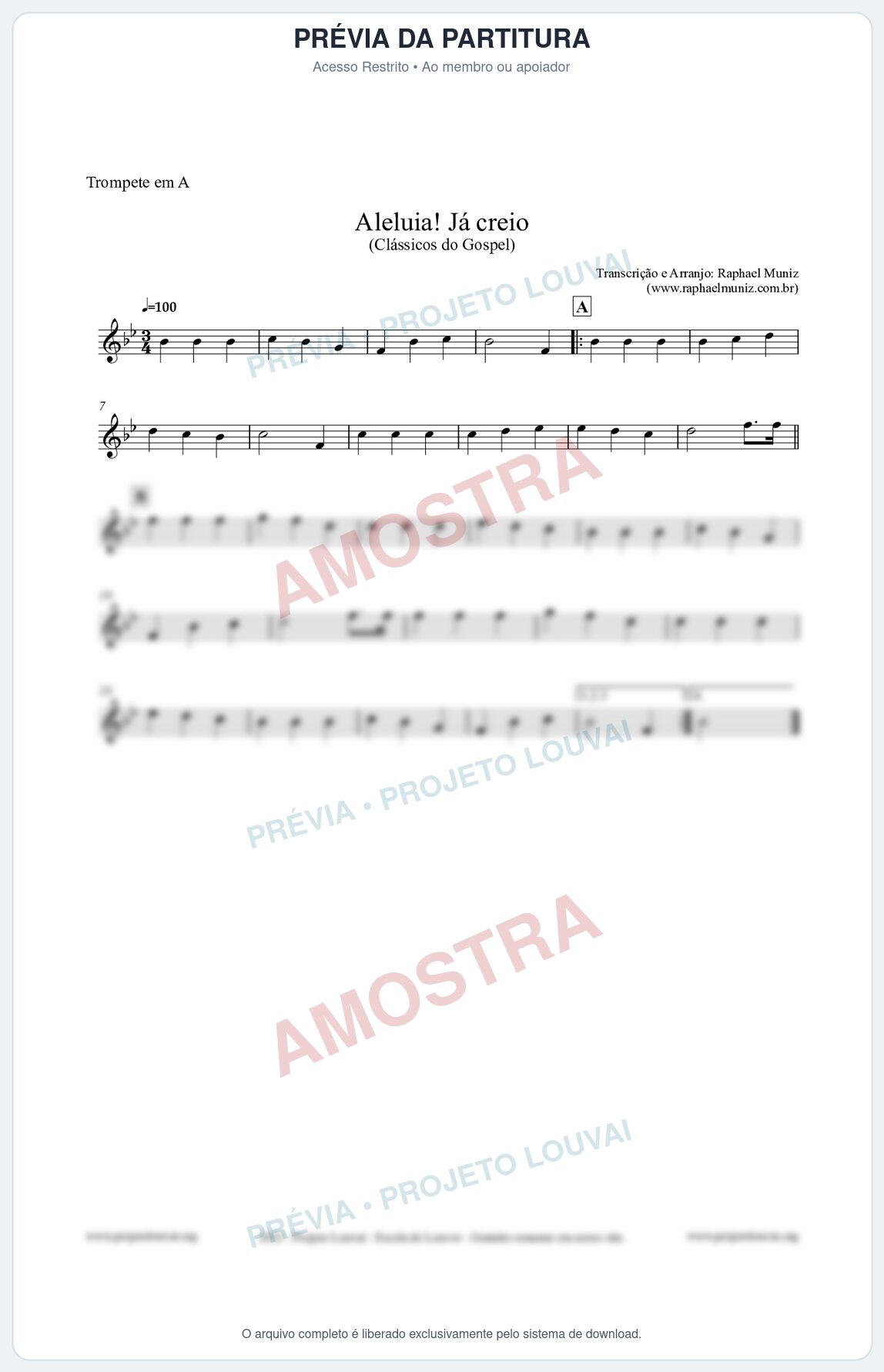 Prévia protegida da primeira página da partitura Partitura para Trompete em A - Aleluia! Já creio - Harpa Cristã nº49 - Clássicos do Gospel