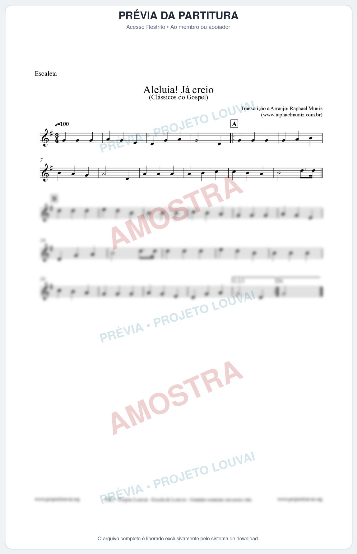 Prévia protegida da primeira página da partitura Partitura para Escaleta - Aleluia! Já creio - Harpa Cristã nº49 - Clássicos do Gospel