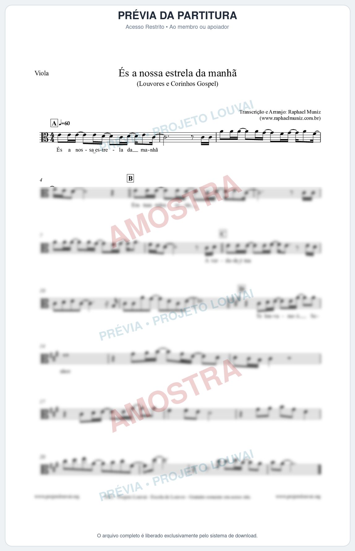 Prévia protegida da primeira página da partitura Partitura para Viola - És a nossa estrela da manhã - Louvores e Corinhos Gospel