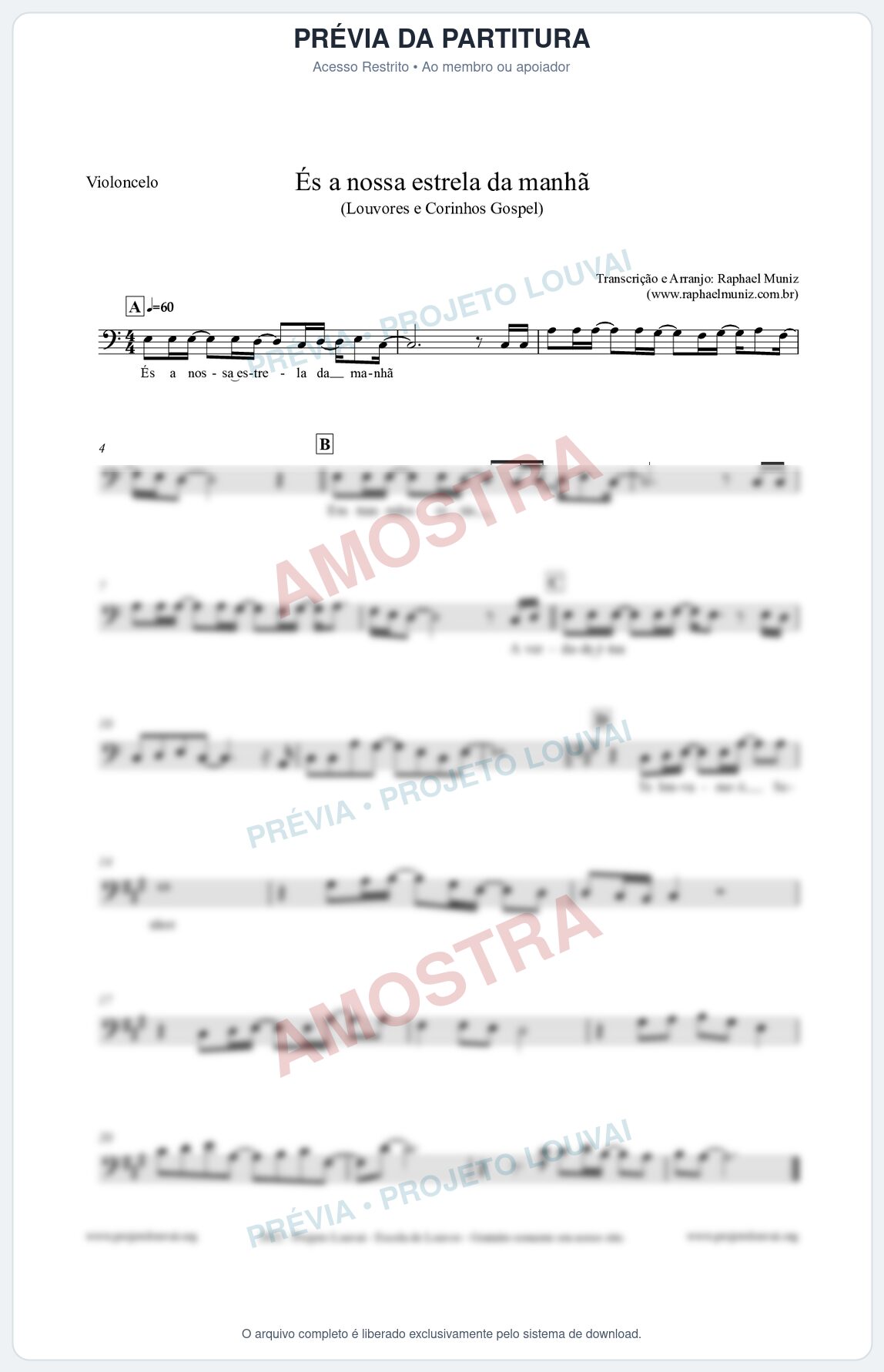 Prévia protegida da primeira página da partitura Partitura para Violoncelo - És a nossa estrela da manhã - Louvores e Corinhos Gospel