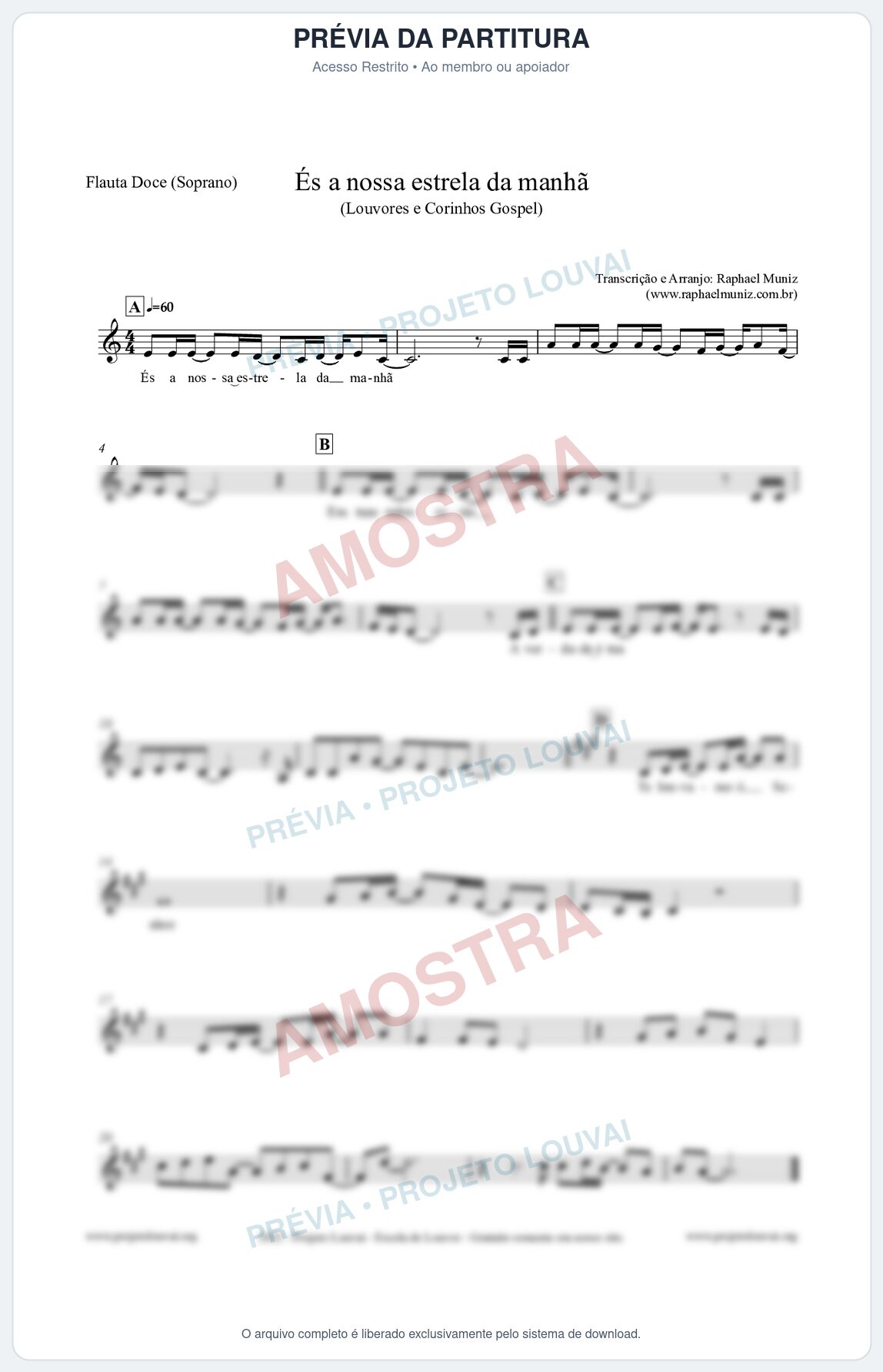 Prévia protegida da primeira página da partitura Partitura para Flauta Doce (Soprano) - És a nossa estrela da manhã - Louvores e Corinhos Gospel