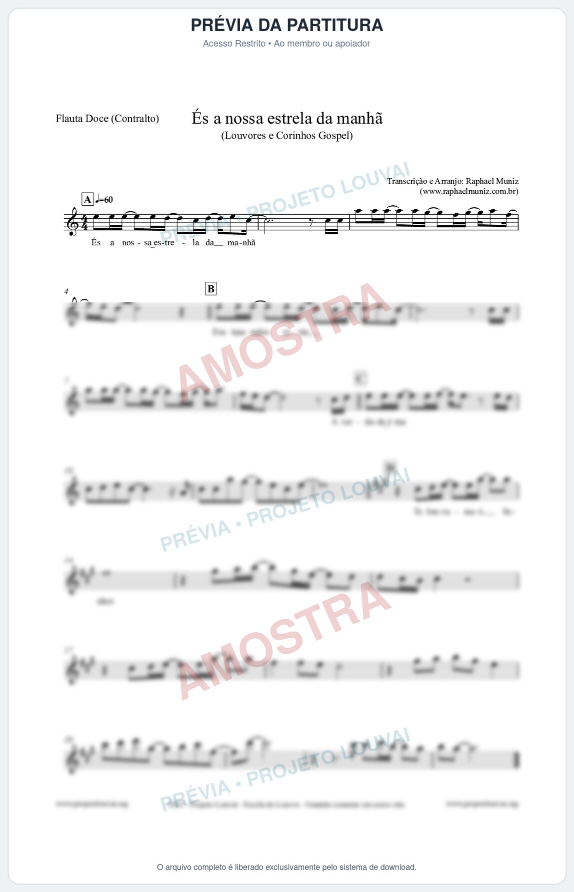 Prévia protegida da primeira página da partitura Partitura para Flauta Doce (Contralto) - És a nossa estrela da manhã - Louvores e Corinhos Gospel