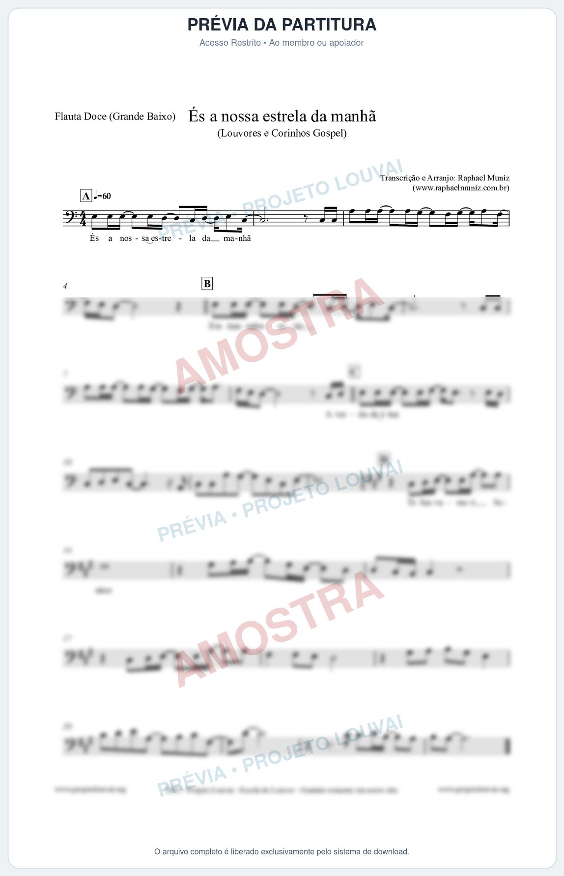 Prévia protegida da primeira página da partitura Partitura para Flauta Doce (Grande Baixo) - És a nossa estrela da manhã - Louvores e Corinhos Gospel