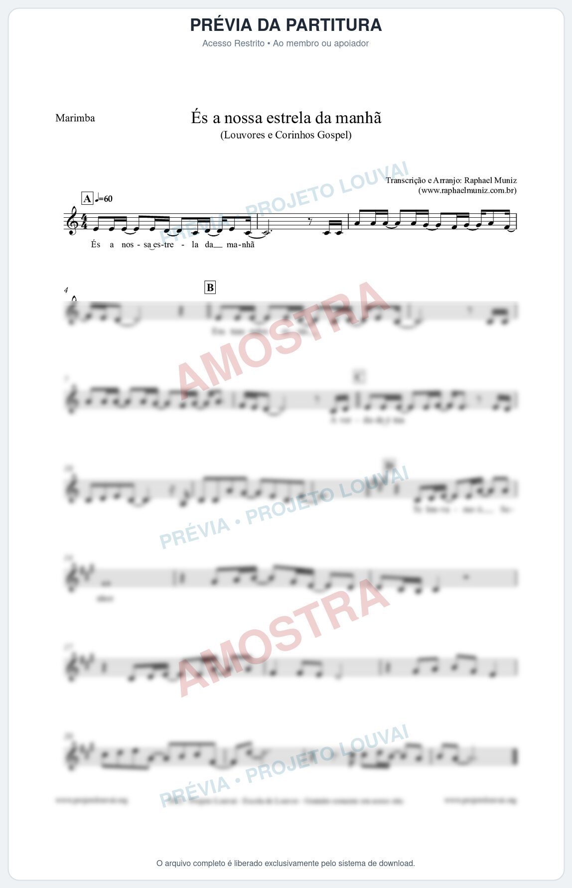 Prévia protegida da primeira página da partitura Partitura para Marimba - És a nossa estrela da manhã - Louvores e Corinhos Gospel