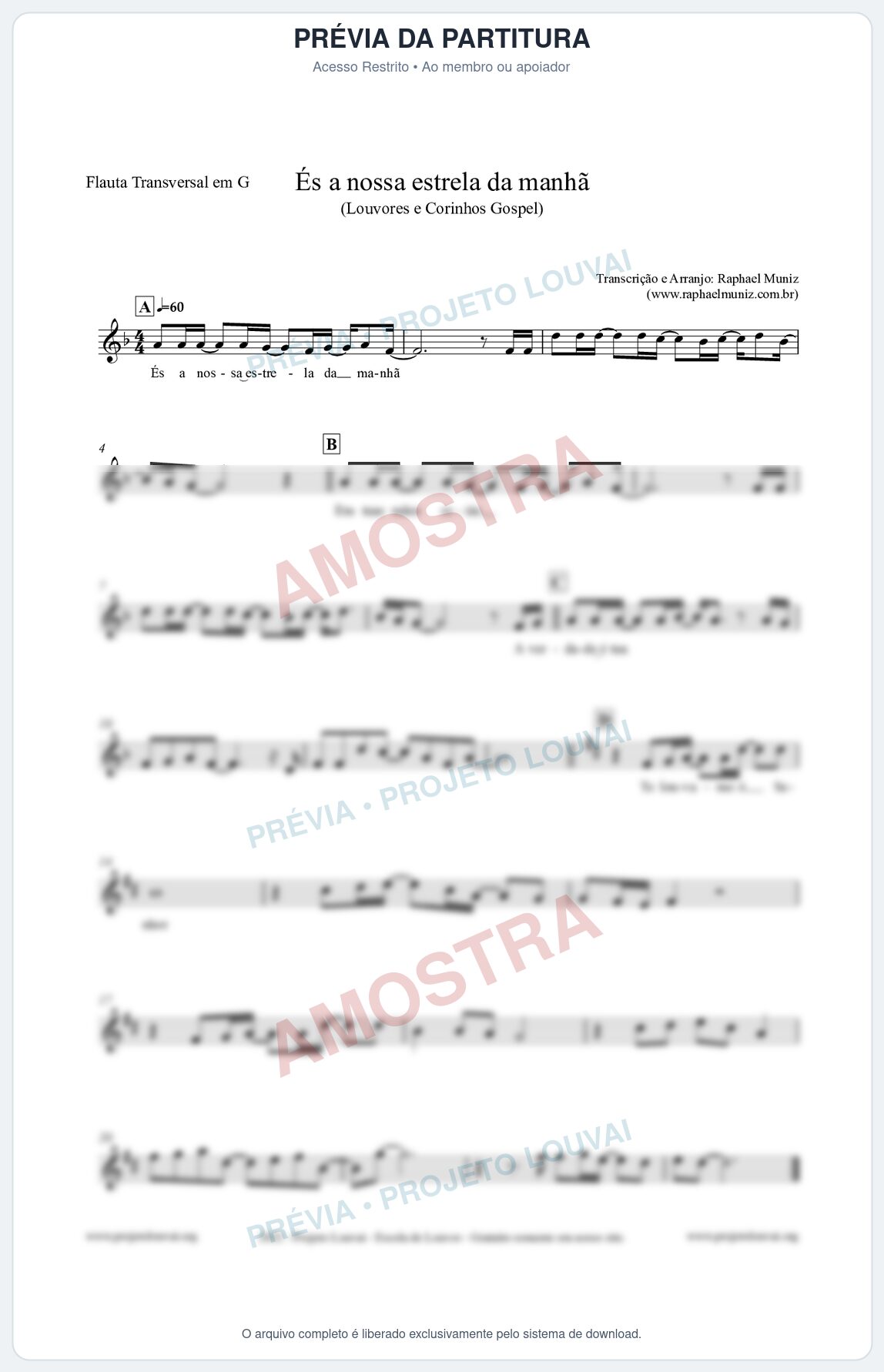 Prévia protegida da primeira página da partitura Partitura para Flauta Transversal em G - És a nossa estrela da manhã - Louvores e Corinhos Gospel