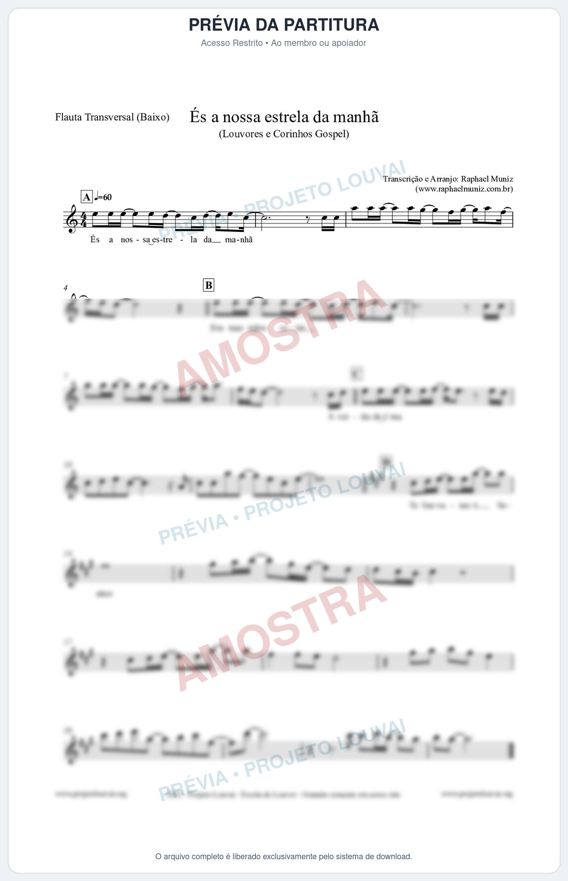 Prévia protegida da primeira página da partitura Partitura para Flauta Transversal (Baixo) - És a nossa estrela da manhã - Louvores e Corinhos Gospel