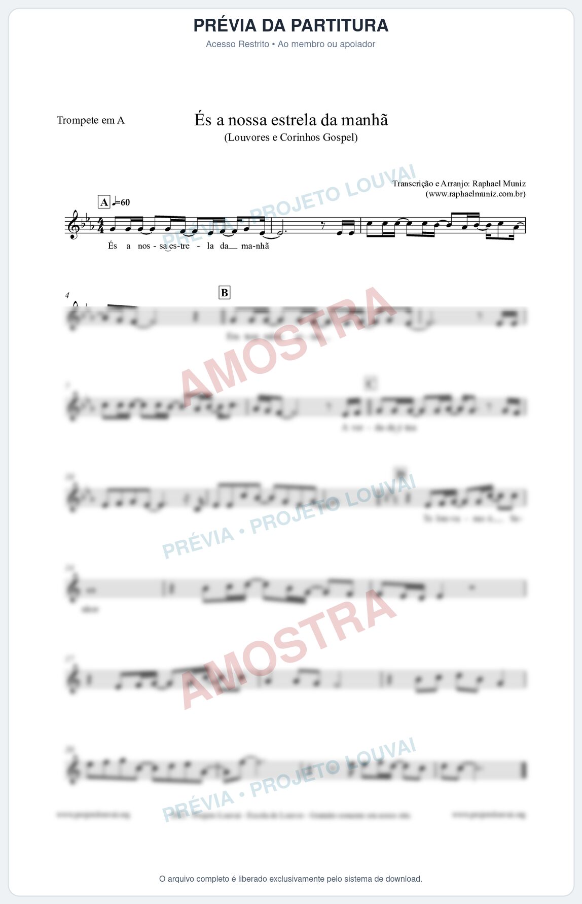 Prévia protegida da primeira página da partitura Partitura para Trompete em A - És a nossa estrela da manhã - Louvores e Corinhos Gospel