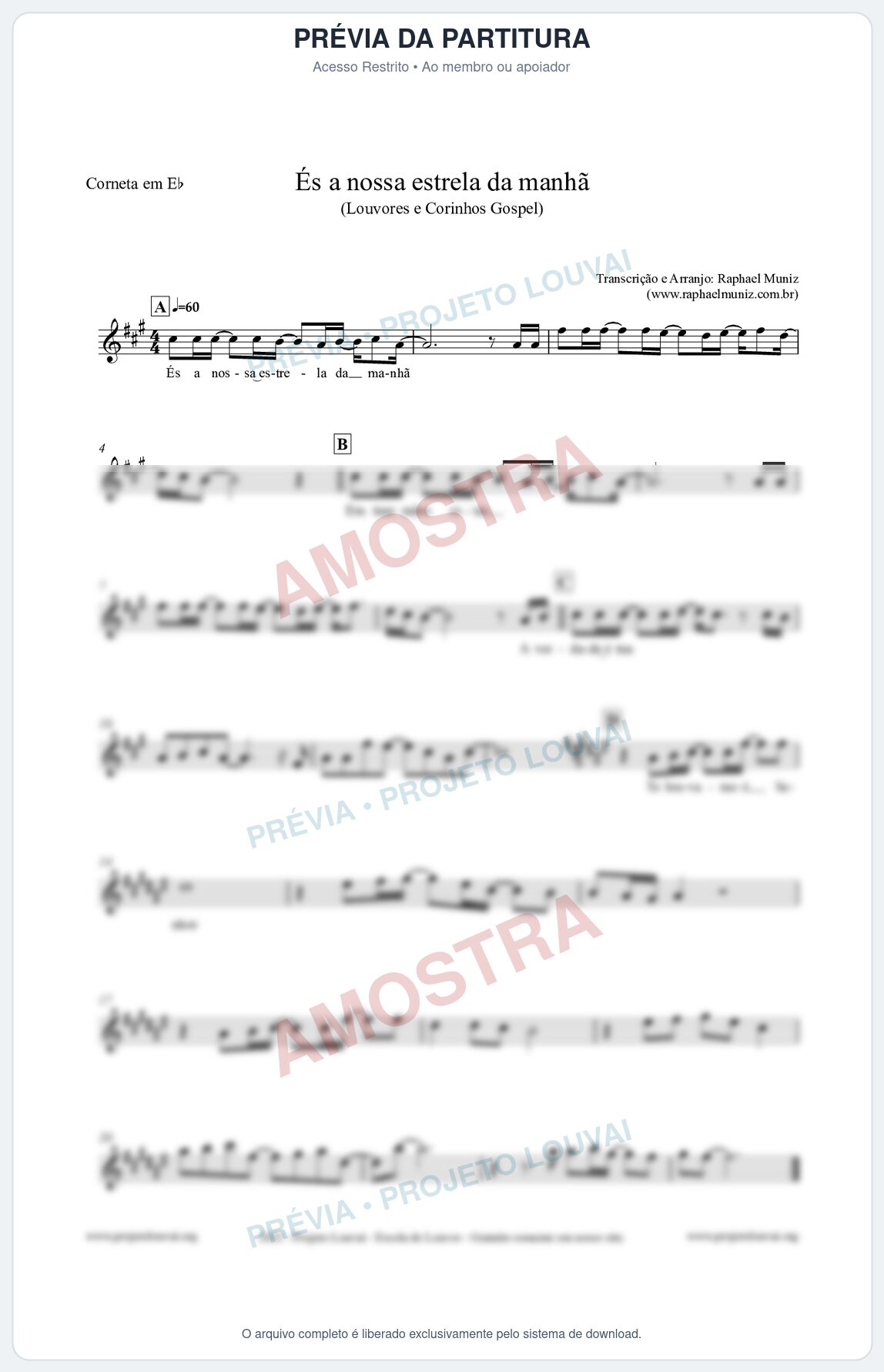 Prévia protegida da primeira página da partitura Partitura para Corneta em Eb - És a nossa estrela da manhã - Louvores e Corinhos Gospel