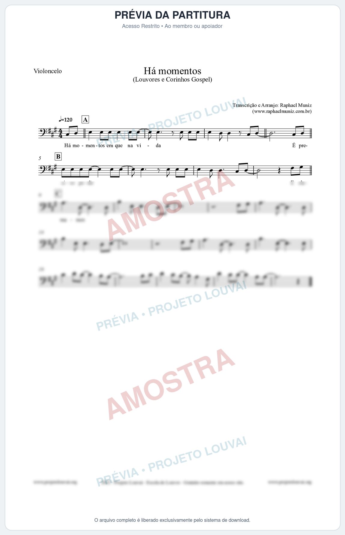 Prévia protegida da primeira página da partitura Partitura para Violoncelo - Há momentos - Louvores e Corinhos Gospel