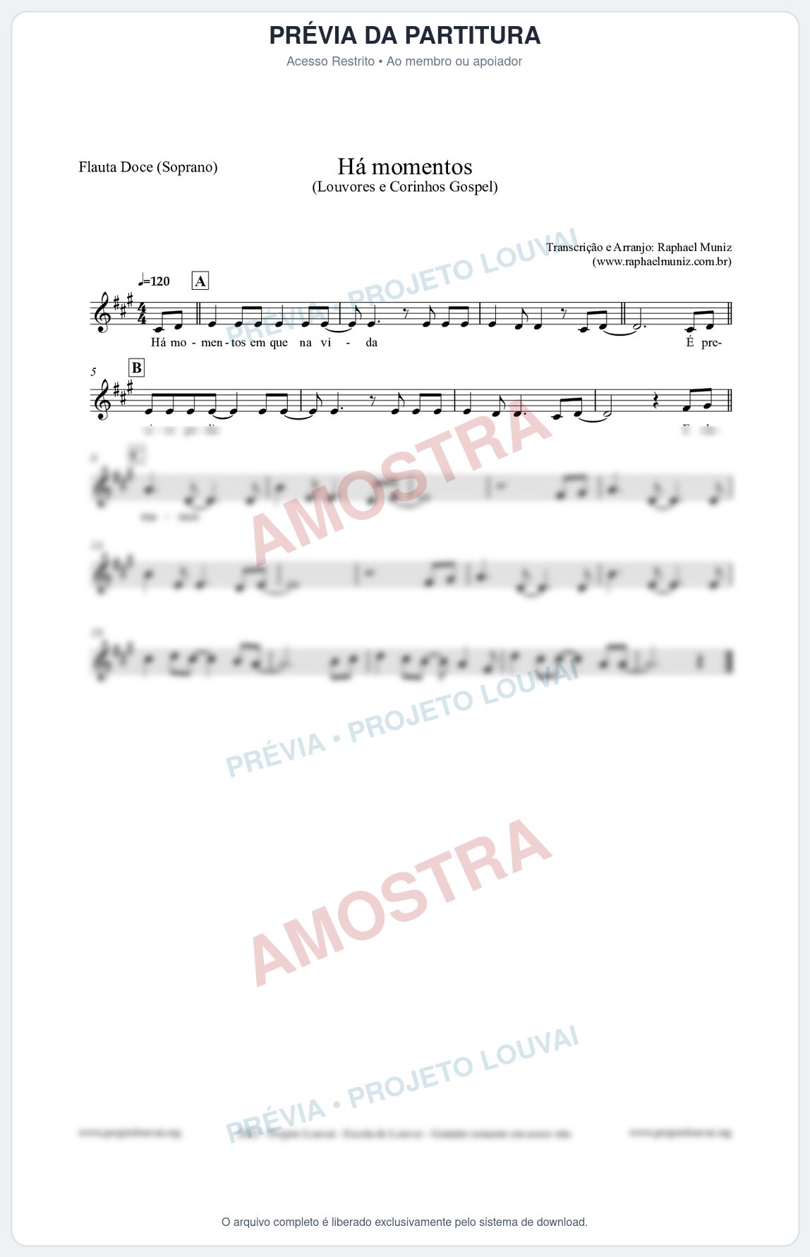 Prévia protegida da primeira página da partitura Partitura para Flauta Doce (Soprano) - Há momentos - Louvores e Corinhos Gospel