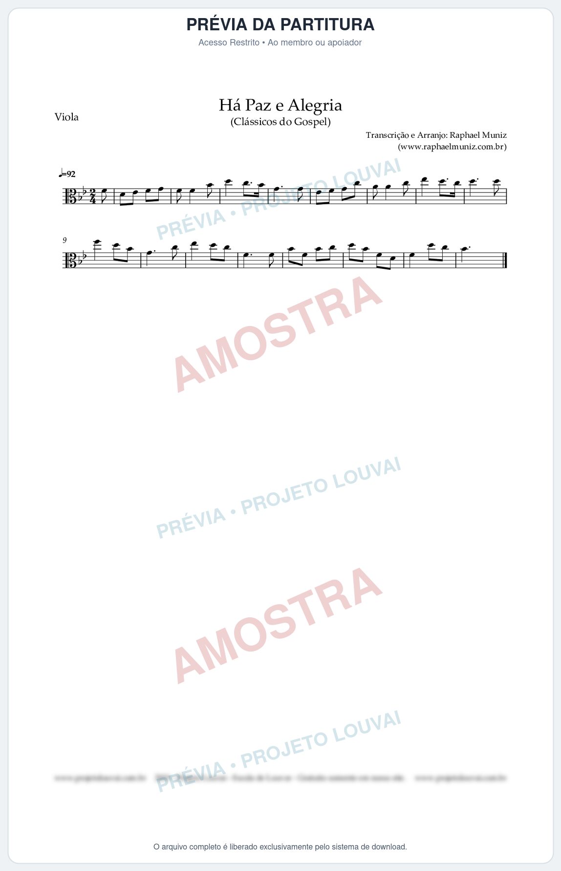 Prévia protegida da primeira página da partitura Partitura para Viola - Há Paz e Alegria - Harpa Cristã nº90 - Clássicos do Gospel