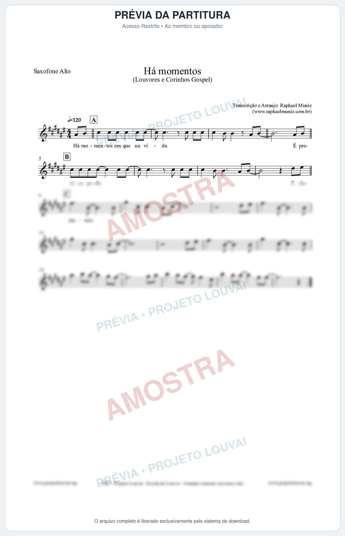 Prévia protegida da primeira página da partitura Partitura para Saxofone Alto - Há momentos - Louvores e Corinhos Gospel