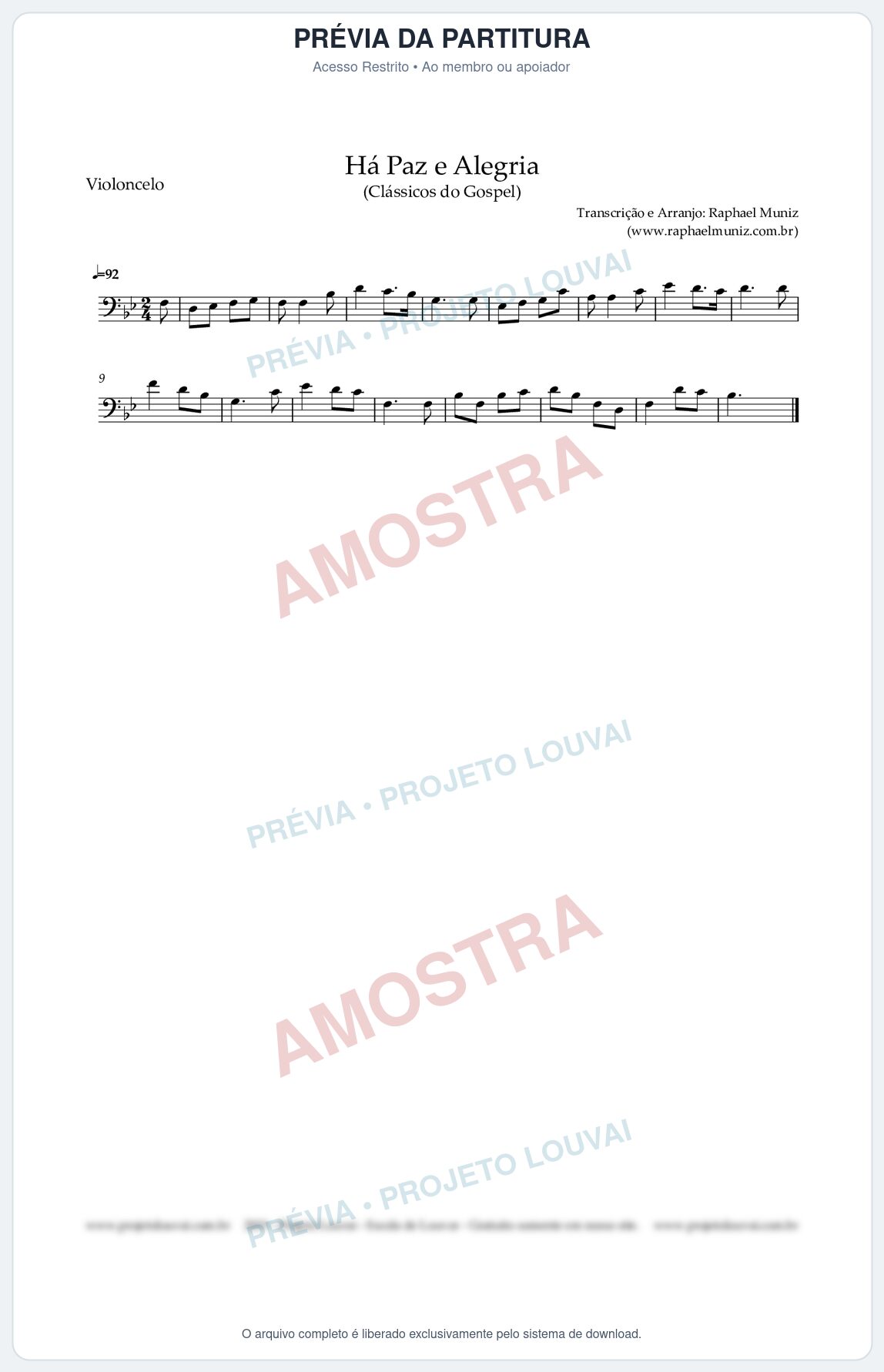 Prévia protegida da primeira página da partitura Partitura para Violoncelo - Há Paz e Alegria - Harpa Cristã nº90 - Clássicos do Gospel