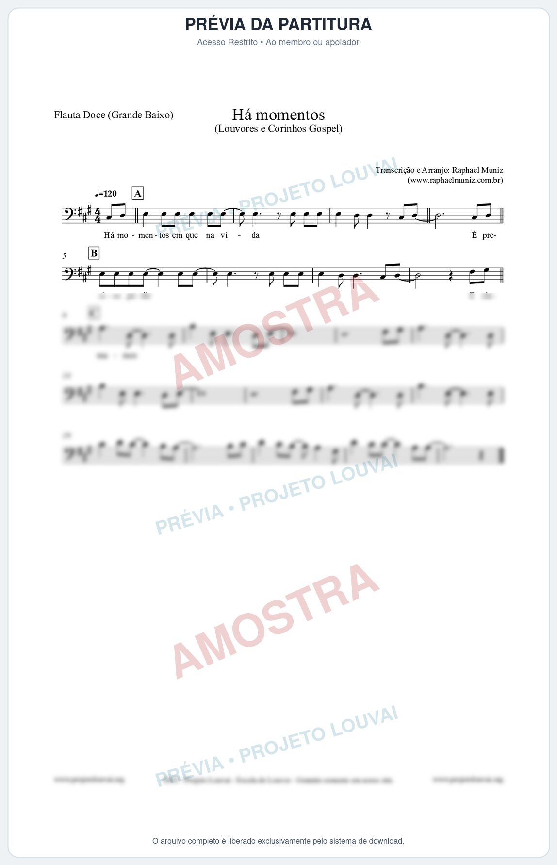 Prévia protegida da primeira página da partitura Partitura para Flauta Doce (Grande Baixo) - Há momentos - Louvores e Corinhos Gospel