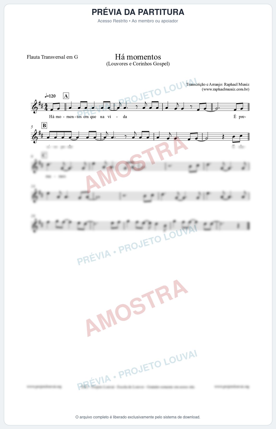 Prévia protegida da primeira página da partitura Partitura para Flauta Transversal em G - Há momentos - Louvores e Corinhos Gospel