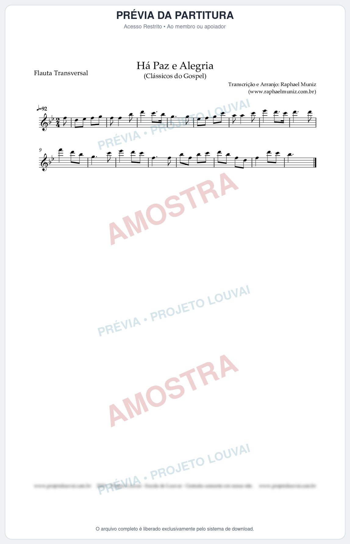 Prévia protegida da primeira página da partitura Partitura para Flauta Transversal - Há Paz e Alegria - Harpa Cristã nº90 - Clássicos do Gospel