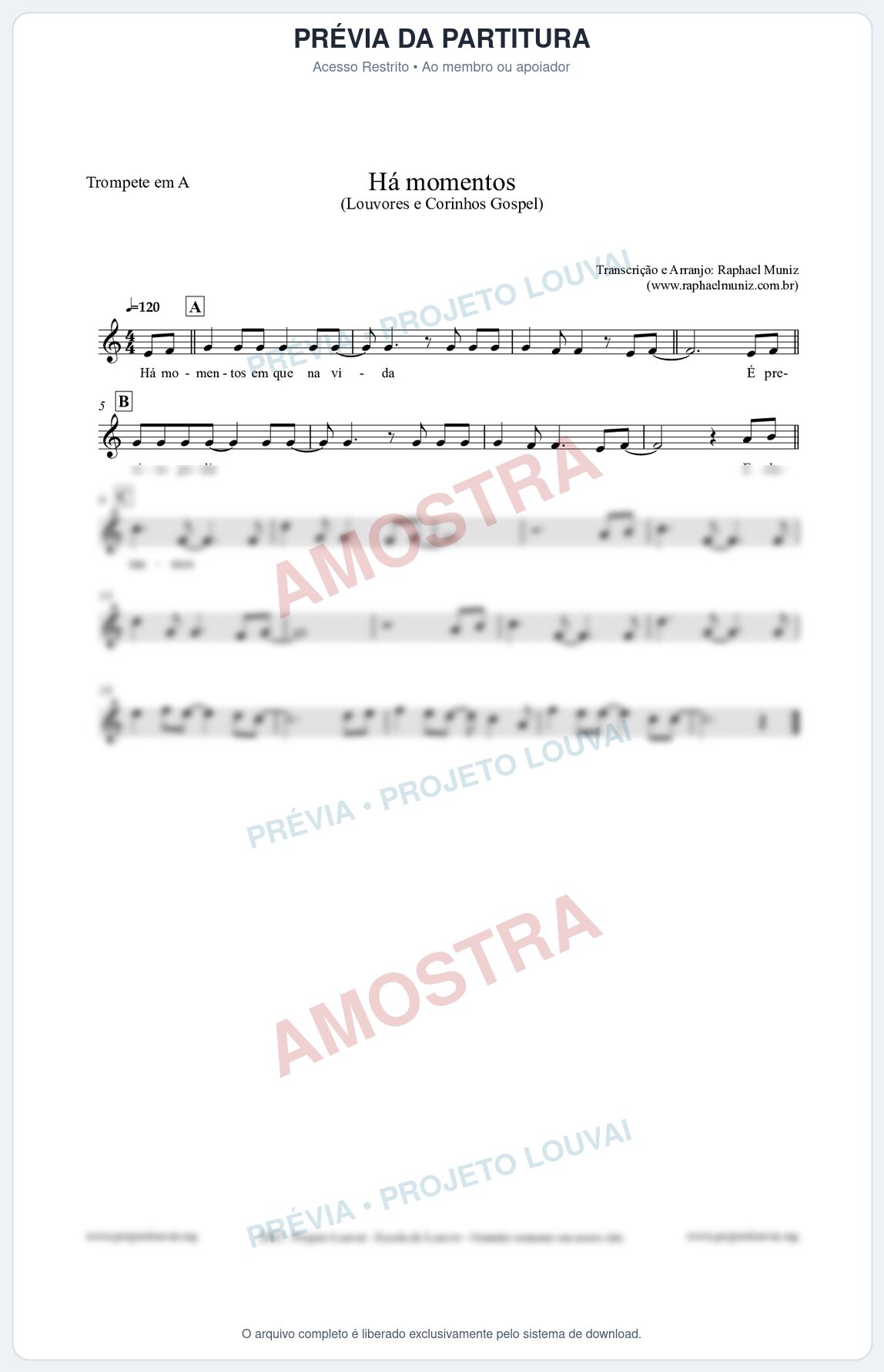 Prévia protegida da primeira página da partitura Partitura para Trompete em A - Há momentos - Louvores e Corinhos Gospel