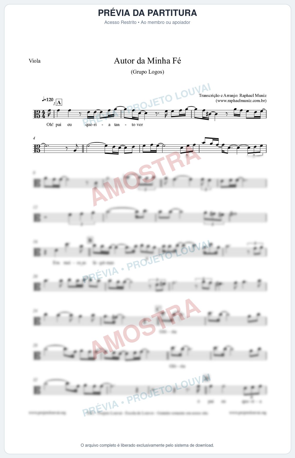 Prévia protegida da primeira página da partitura Partitura para Viola - Autor da minha fé - Grupo Logos