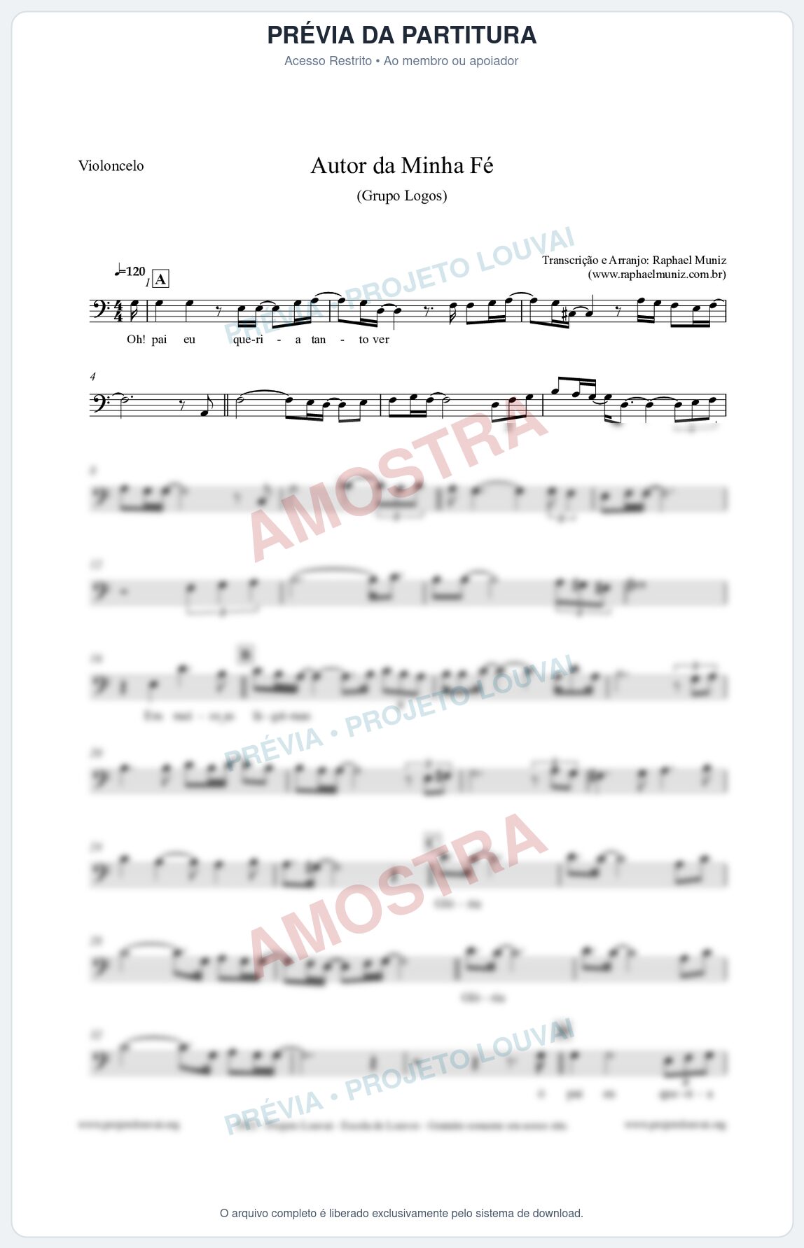 Prévia protegida da primeira página da partitura Partitura para Violoncelo - Autor da minha fé - Grupo Logos