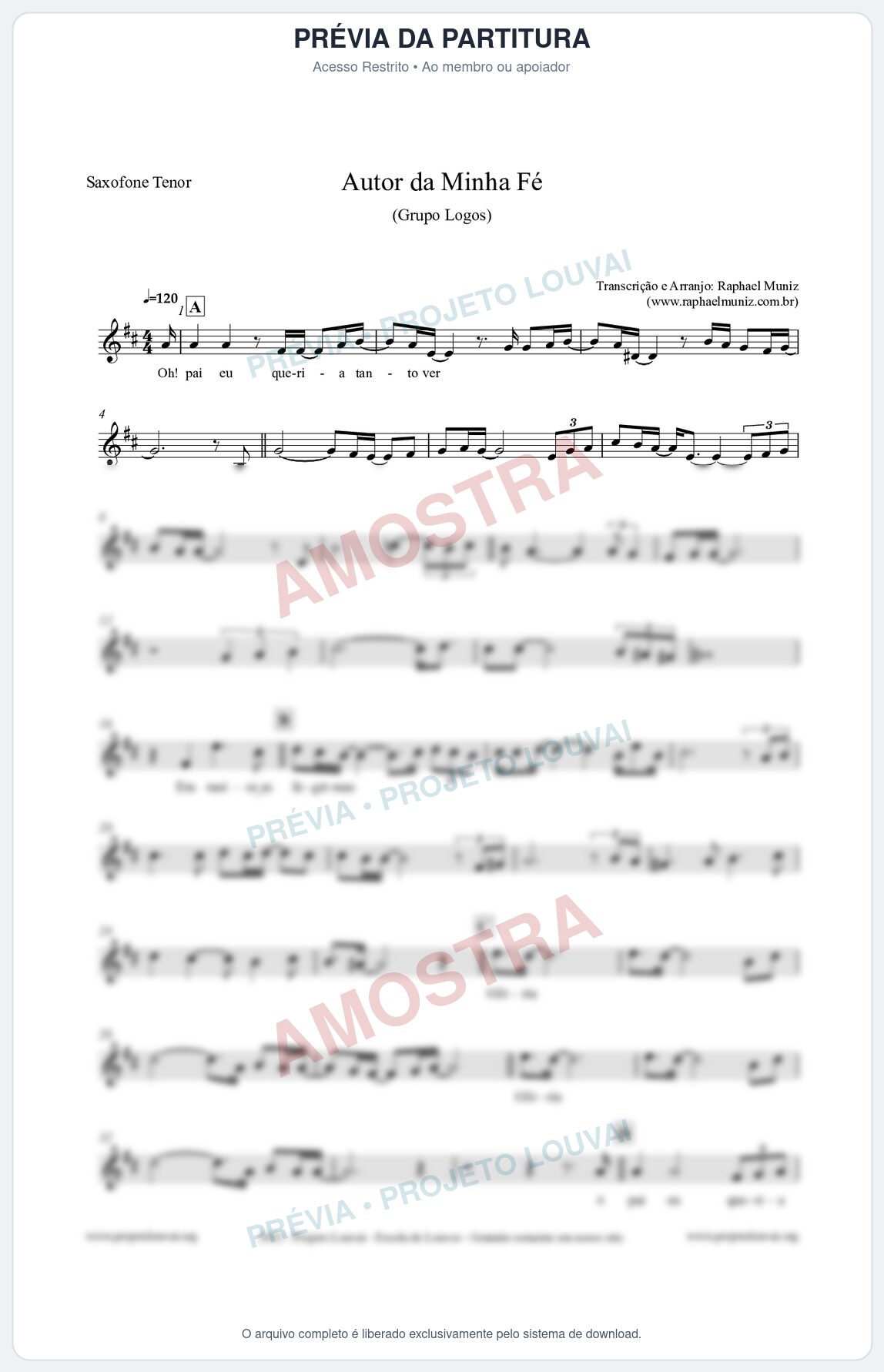 Prévia protegida da primeira página da partitura Partitura para Saxofone Tenor - Autor da minha fé - Grupo Logos