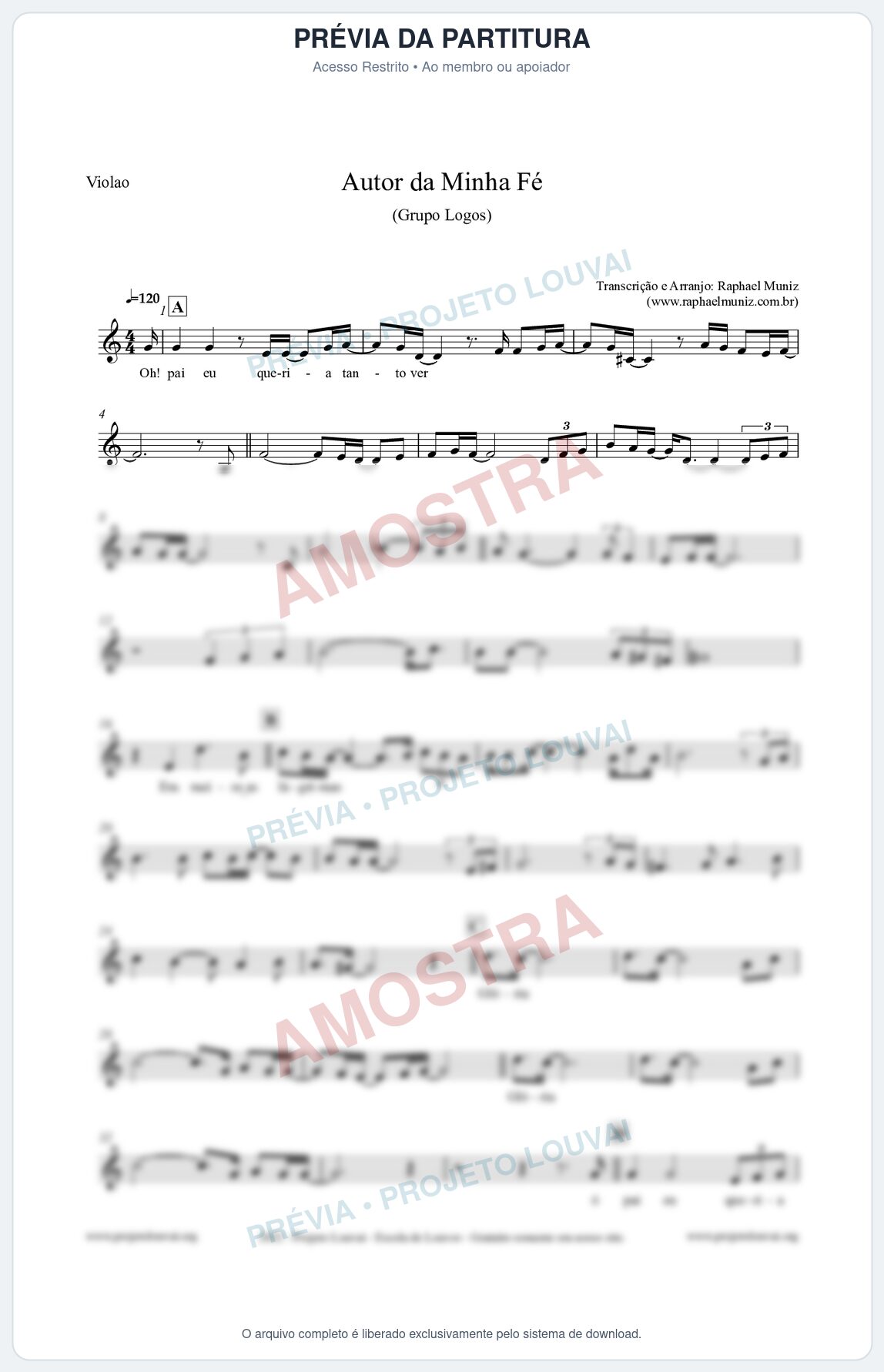 Prévia protegida da primeira página da partitura Partitura para Violão - Autor da minha fé - Grupo Logos