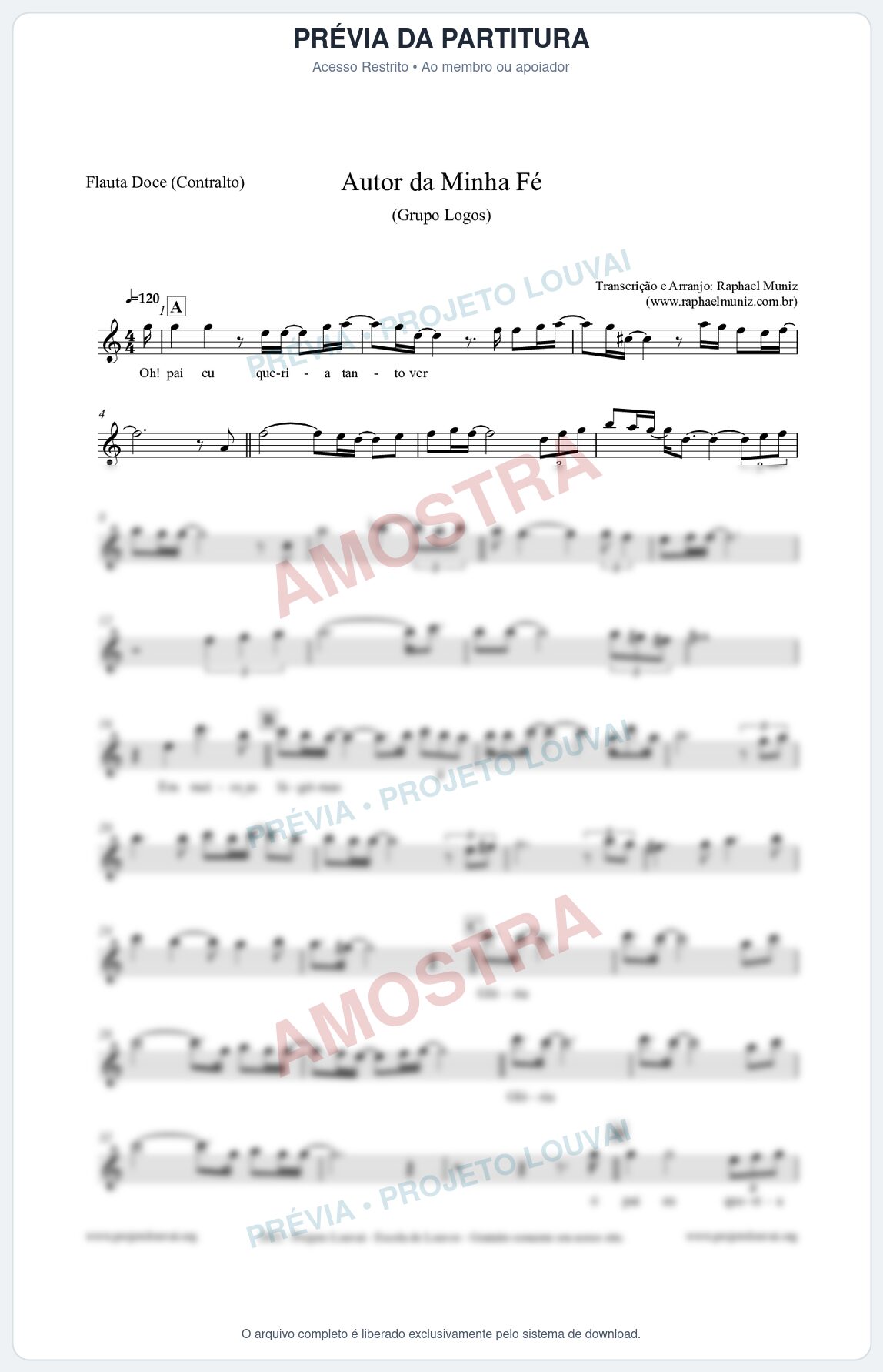 Prévia protegida da primeira página da partitura Partitura para Flauta Doce (Contralto) - Autor da minha fé - Grupo Logos
