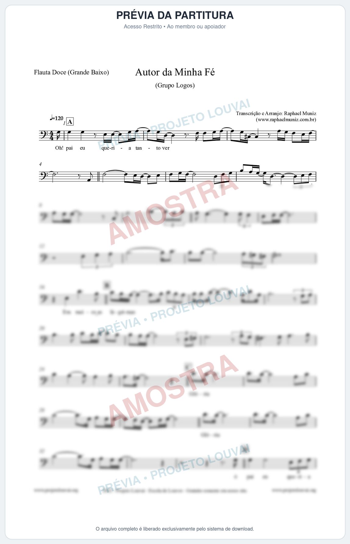 Prévia protegida da primeira página da partitura Partitura para Flauta Doce (Grande Baixo) - Autor da minha fé - Grupo Logos