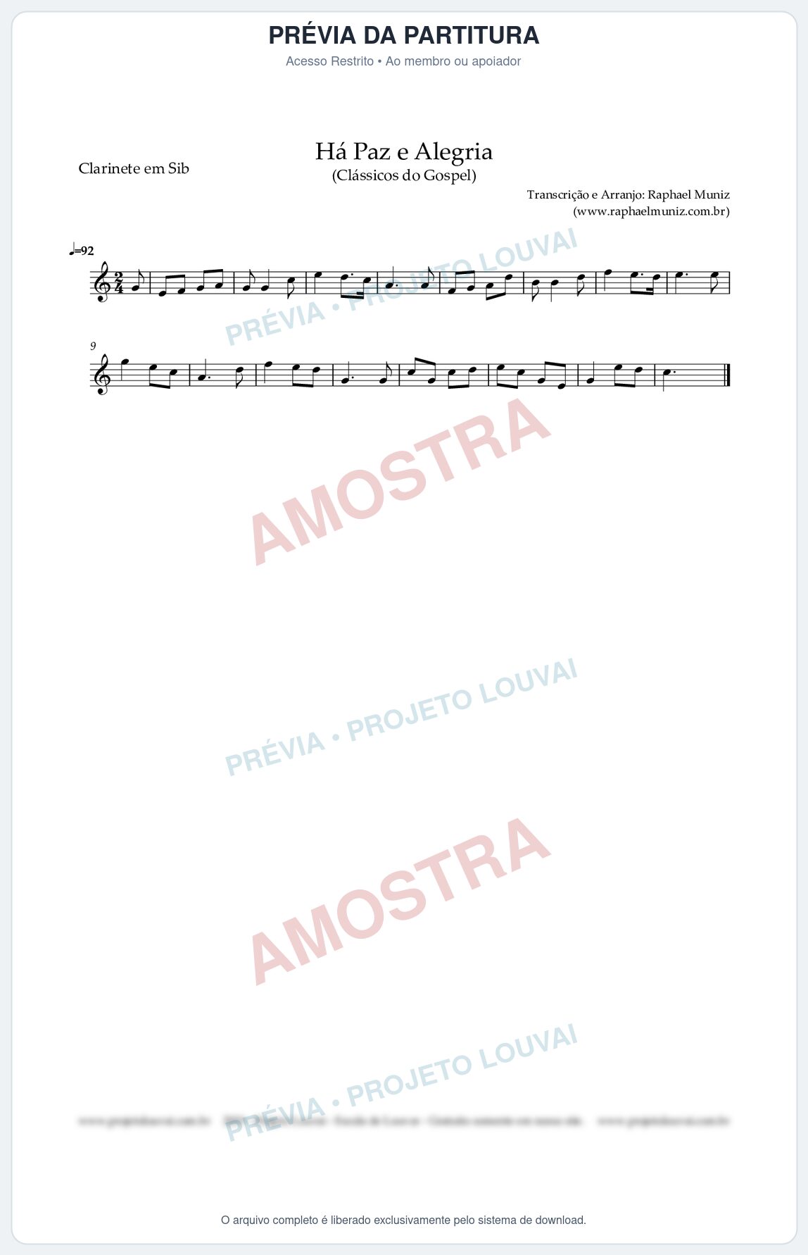 Prévia protegida da primeira página da partitura Partitura para Clarinete em Bb - Há Paz e Alegria - Harpa Cristã nº90 - Clássicos do Gospel
