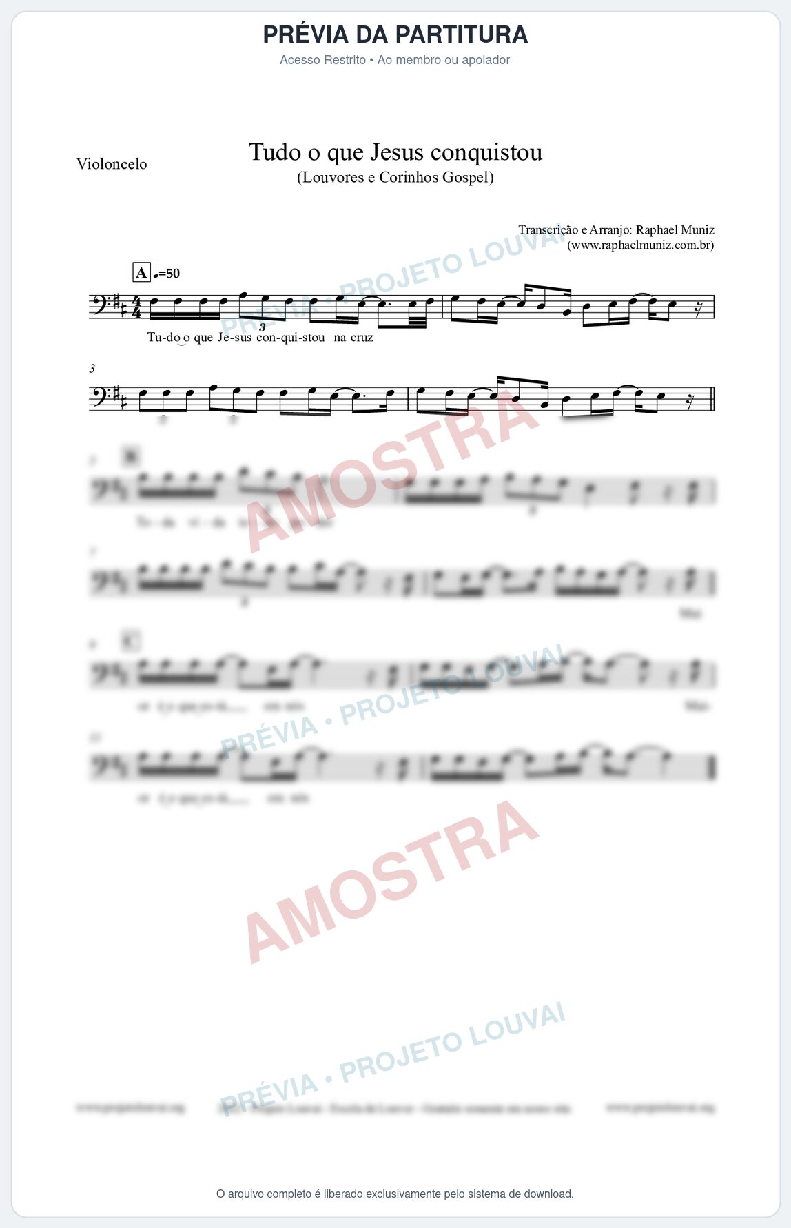 Prévia protegida da primeira página da partitura Partitura para Violoncelo - Tudo o que Jesus conquistou - Louvores e Corinhos Gospel